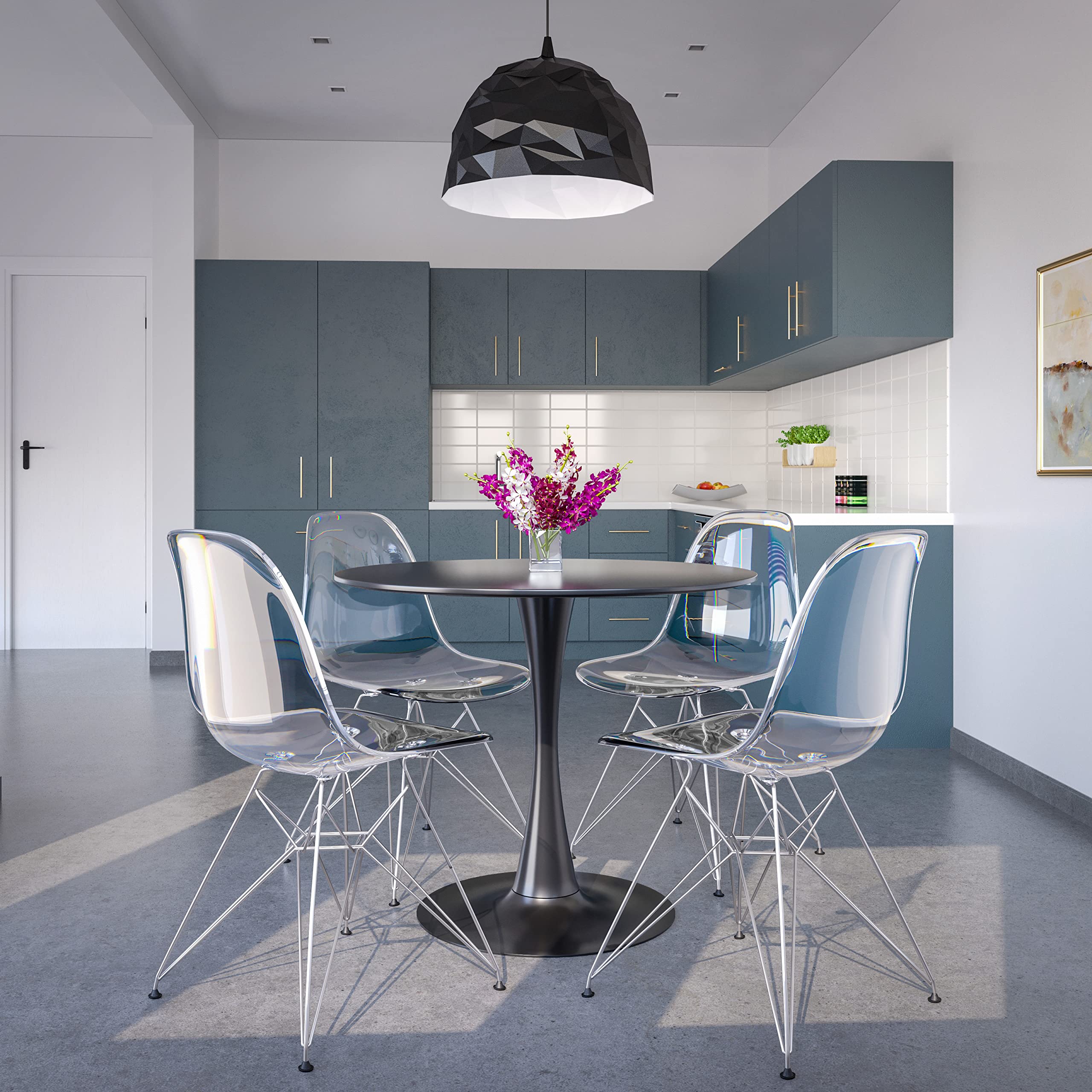 Dining, Modern Chrome Eiffel Base and Curved Back Design, Ergonomic and Lightweight Accent Side Chair for Mid-Century Home, Kitchen, and Café, Set of 4, Unspecified, Clear