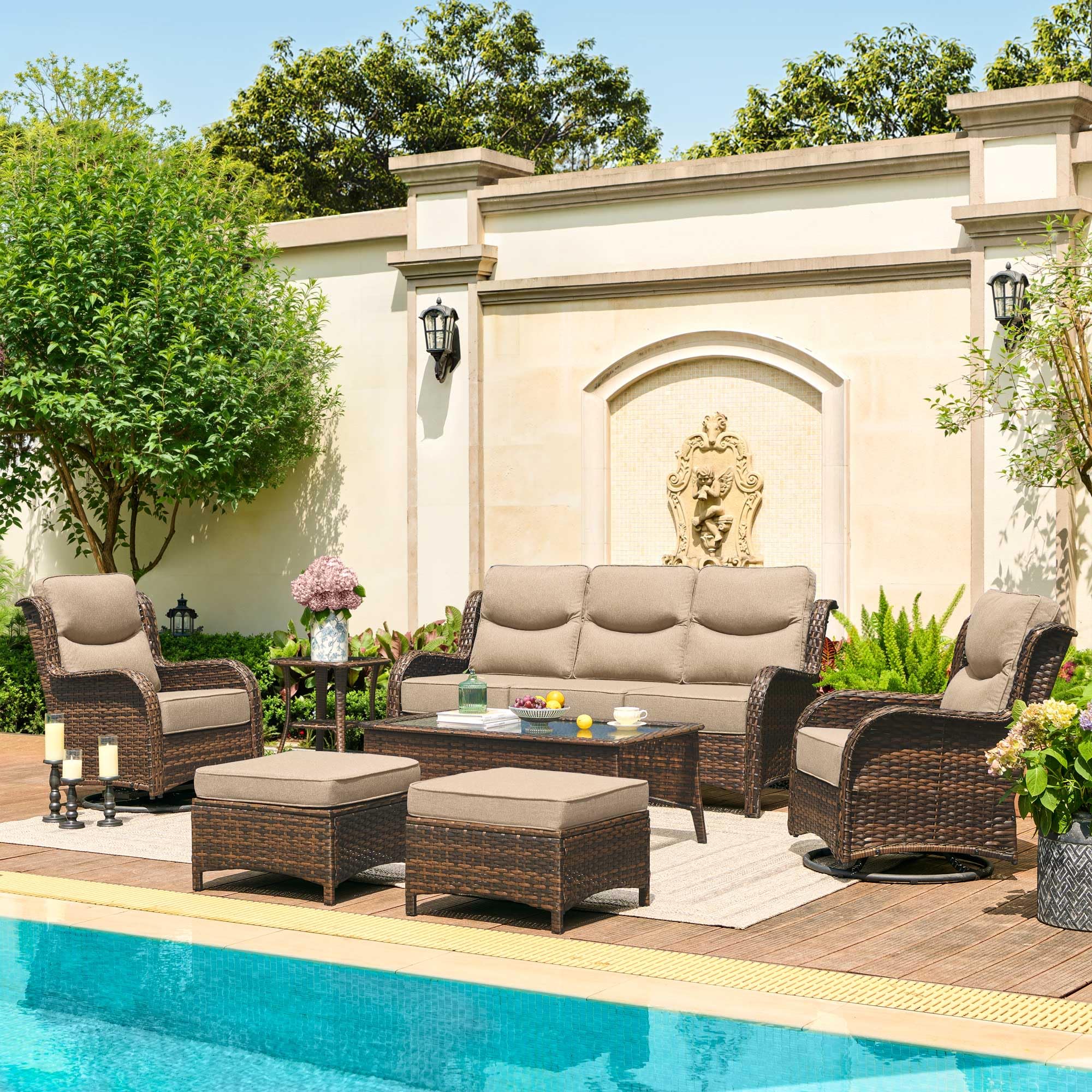 Luxury Patio Furniture Set with 6-inch Thick Cushion, Outdoor Couch and High Back Swivel Rocker Patio Chairs, 7PCS Wicker Conversation Set for Deck Yard and Poolside, Beige (V2)