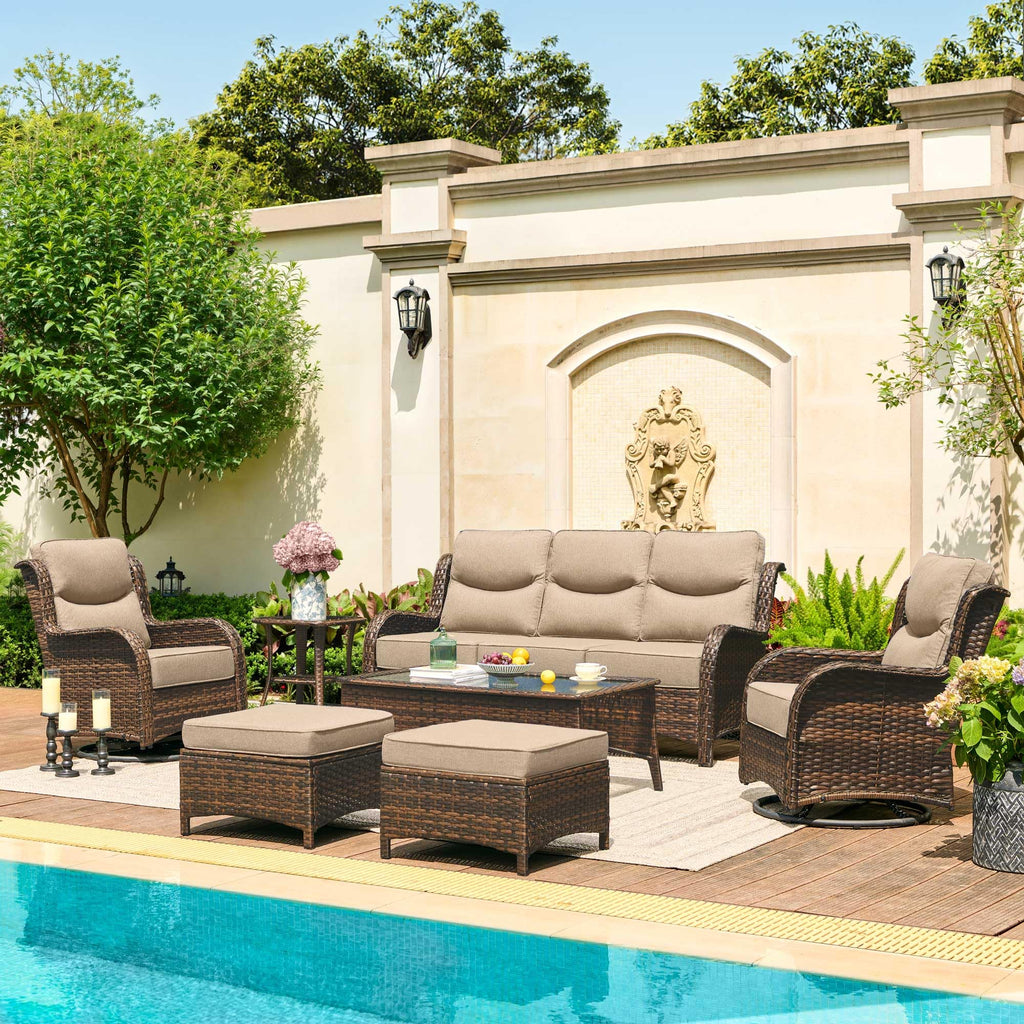 Luxury Patio Furniture Set with 6-inch Thick Cushion, Outdoor Couch and High Back Swivel Rocker Patio Chairs, 7PCS Wicker Conversation Set for Deck Yard and Poolside, Beige (V2)