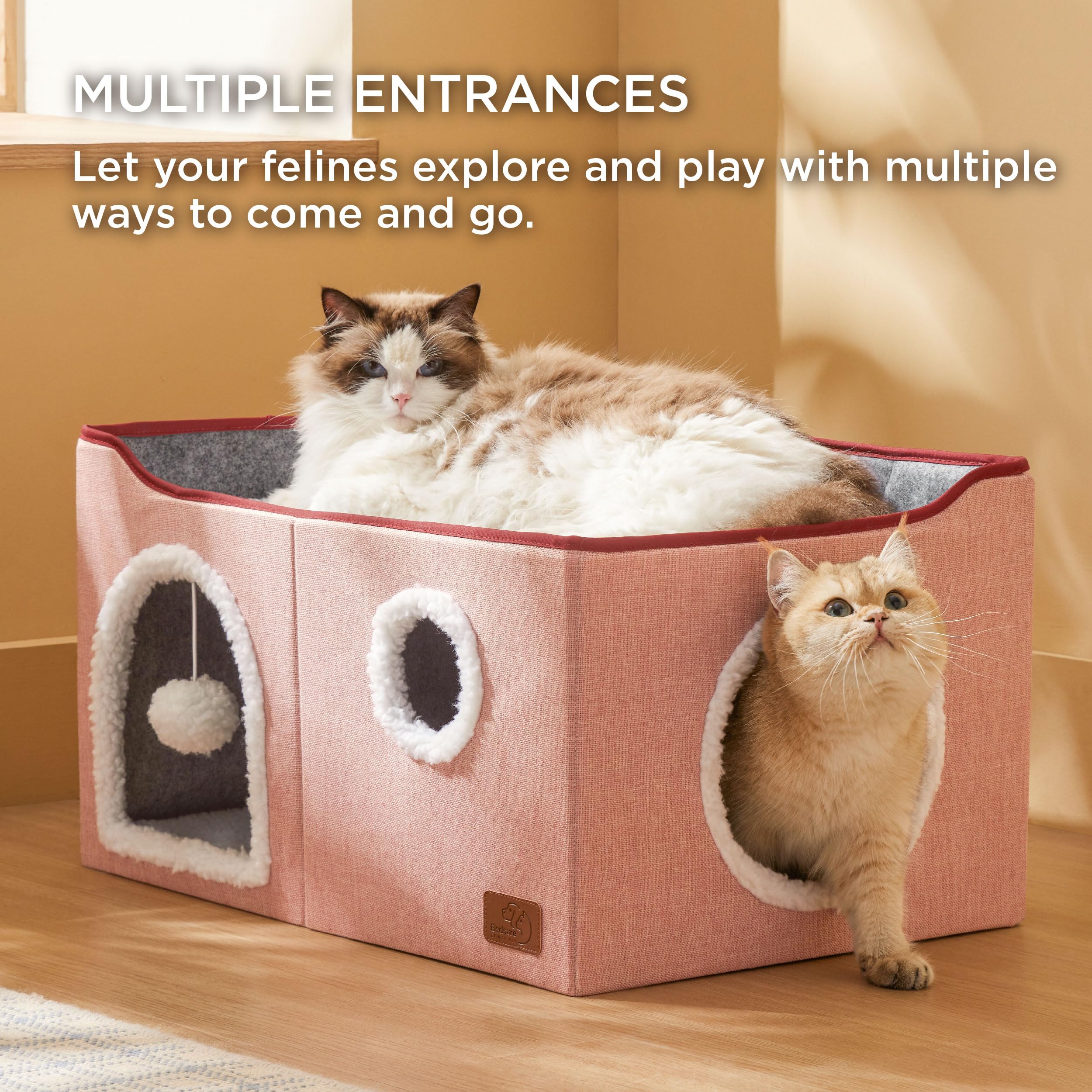 Large Cat Beds for Indoor Cats - Extra Wide Cat Cube House for Small Pet with Fluffy Ball Hanging and Scratch Pad, Foldable Pet Cave Hideaway for Multiple Cats, 23.6x16.9x13 inches,Pink