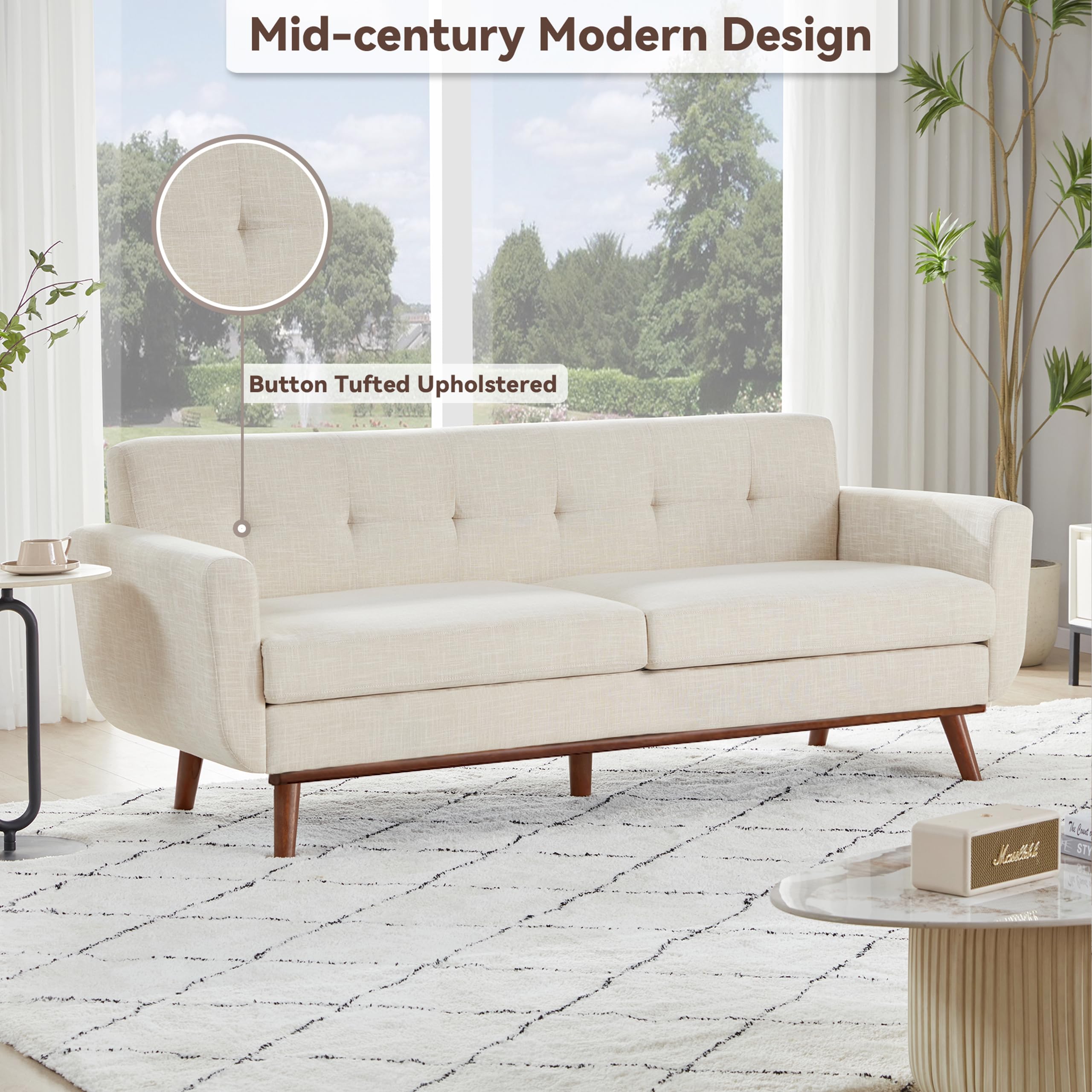 77.2" W Loveseat Sofa, Mid Century Modern Decor Love Seat Couches for Living Room, Button Tufted Upholstered Furniture, Solid & Easy to Install Small Couch for Bedroom Office Apartment, Beige