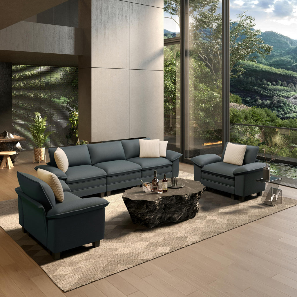 3 Pieces Modular Sectional Sofa Sets, Oversized Couch Set with Loveseat and Armchairs, Comfy Cloud Couches with Throw Pillows, 5-Seater Deep Seat Sofa for Living Room, Chenille Blue