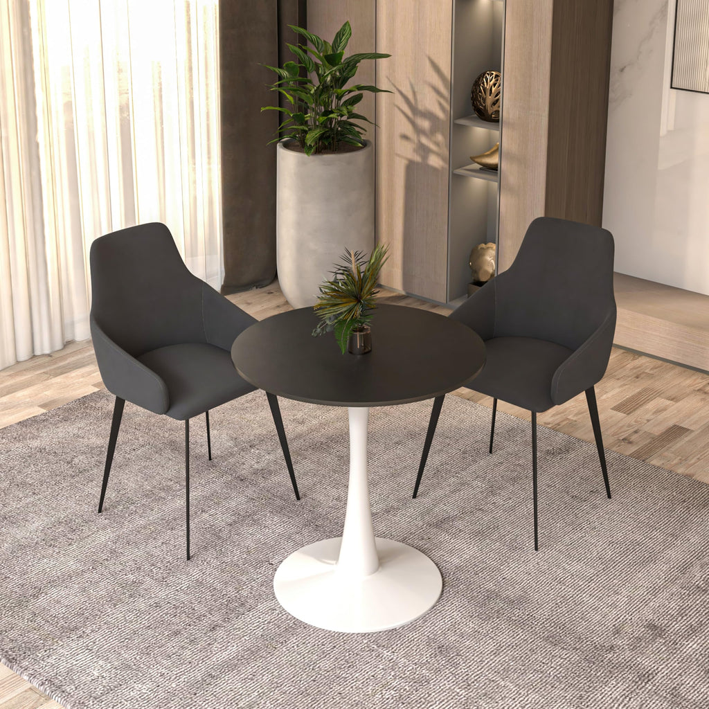 27" Wide Round Dining Table, Modern MDF Wood Top & White Metal Pedestal Base Gloss Finish Accent Table Mid-Century Café Table, Kitchen Dining Room Furniture, Black
