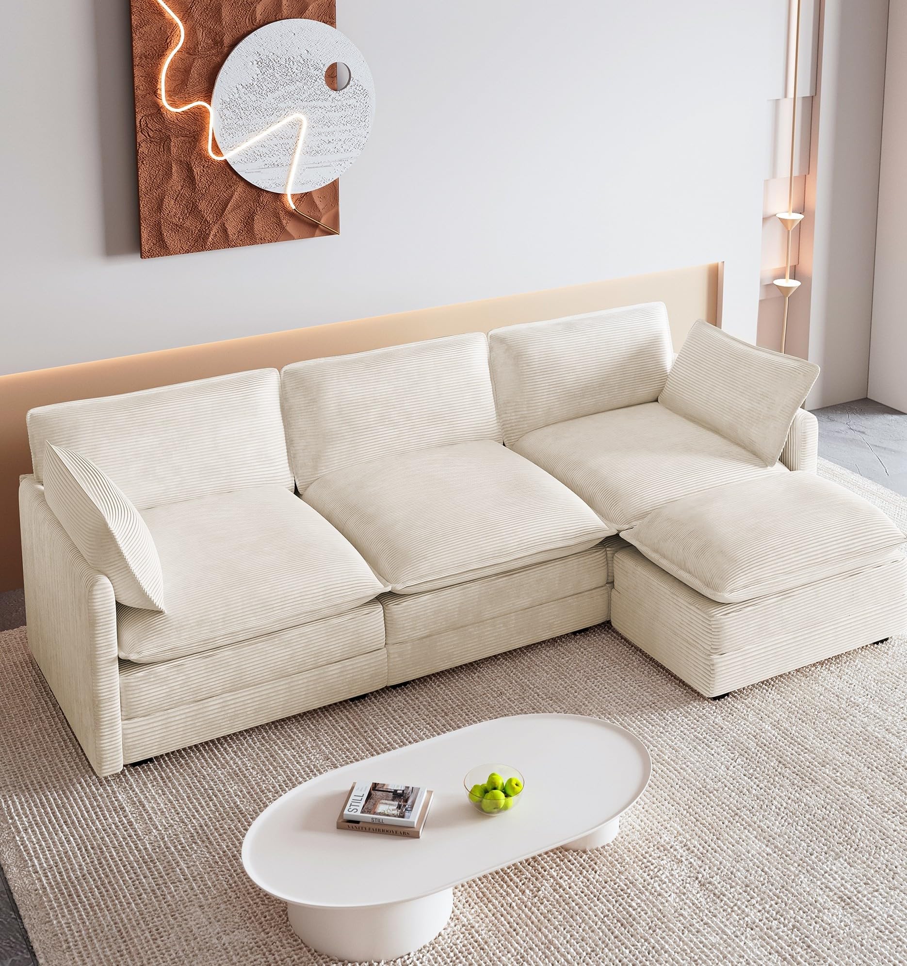 112'' Oversized Modular Sectional Cloud Couch with Movable Ottoman, 4 Seat Modern Corduroy Sofa, Deep Seat L Shaped Couch for Living Room Bedroom Apartment, Cream