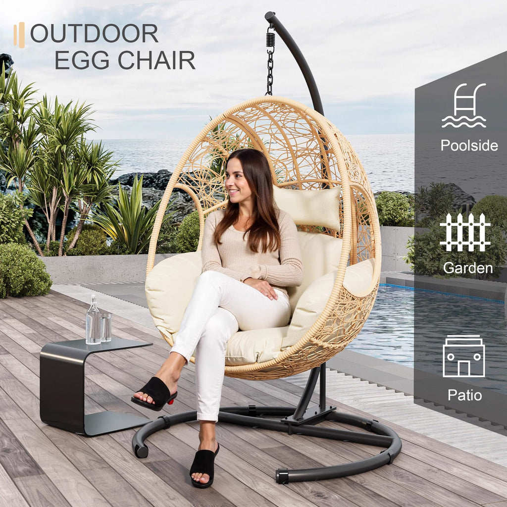 Oversized Hanging Egg Chair Outdoor Indoor, Wicker Swing Egg Chair with Stand 400lbs Capacity for Bedroom, Patio, Garden and Balcony (Beige-nest, Oversize)