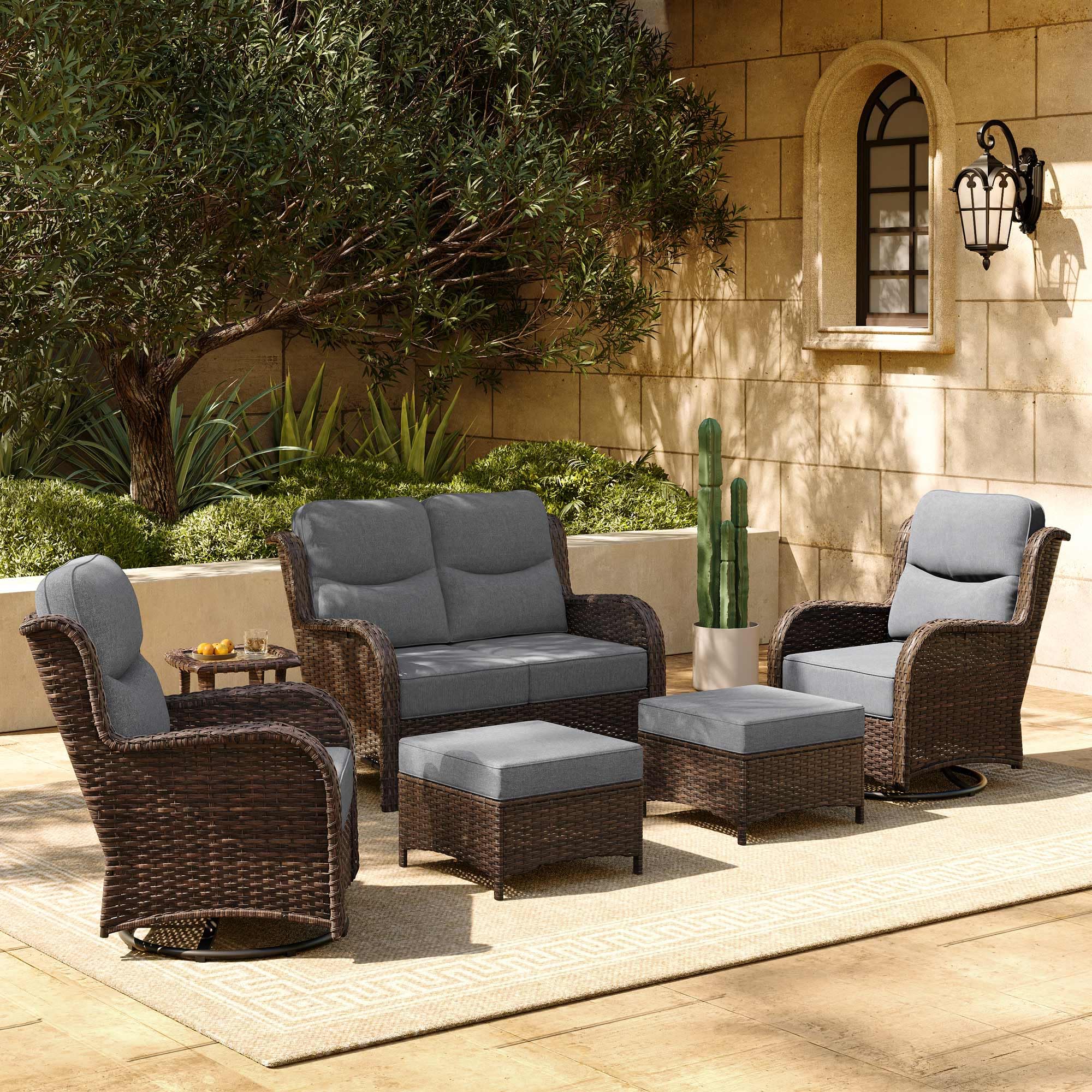 Luxury Patio Furniture Set with 6-inch Thick Cushion, Outdoor Loveseat and High Back Swivel Rocker Patio Chairs, 6PCS Wicker Conversation Set for Deck Yard and Poolside, Dark Grey (V2)