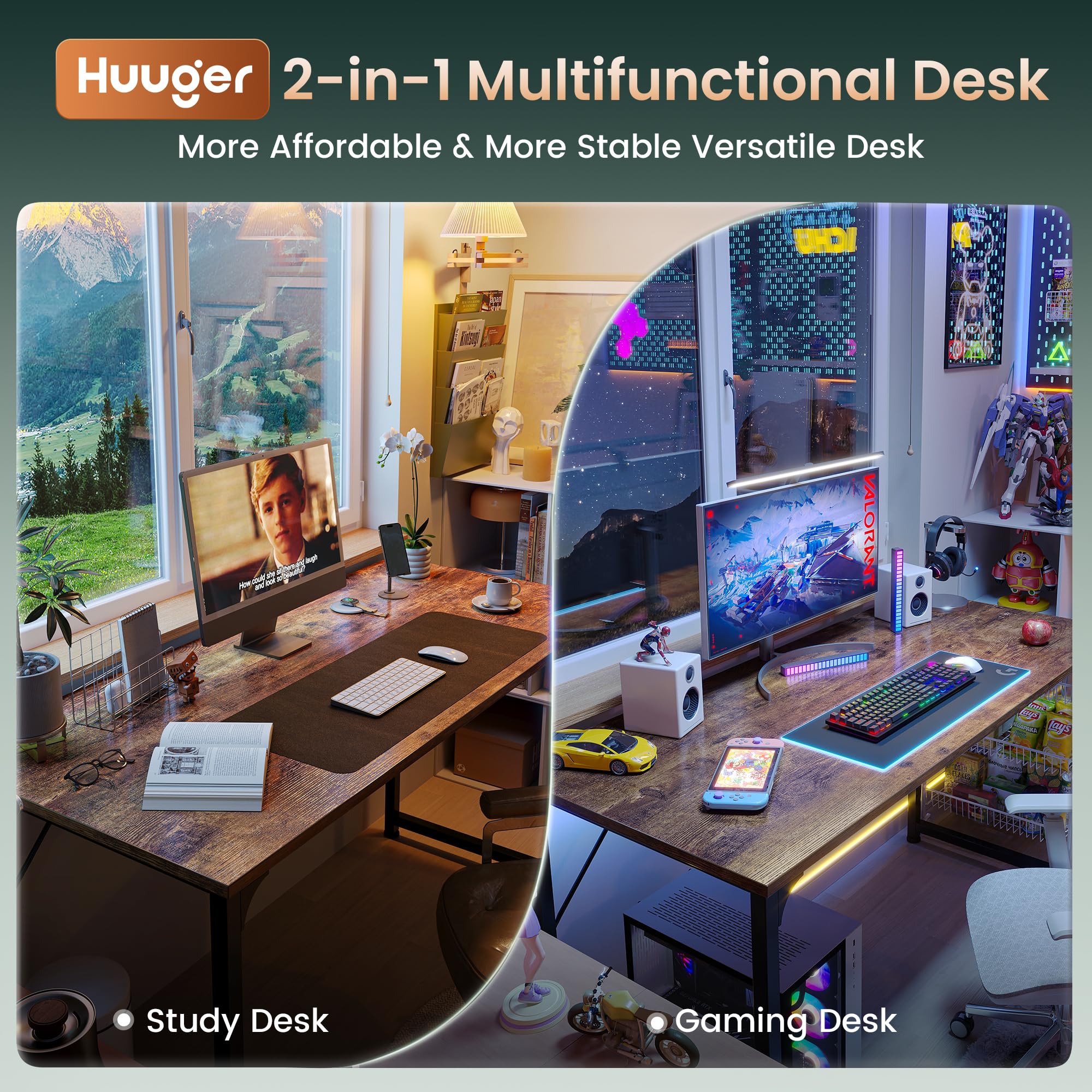 Computer Desk, 55 Inch Home Office Desk, Gaming Writing Work from Home Study Desk, Large Legroom, Sturdy Metal Frame, Modern Simple, Rustic Brown