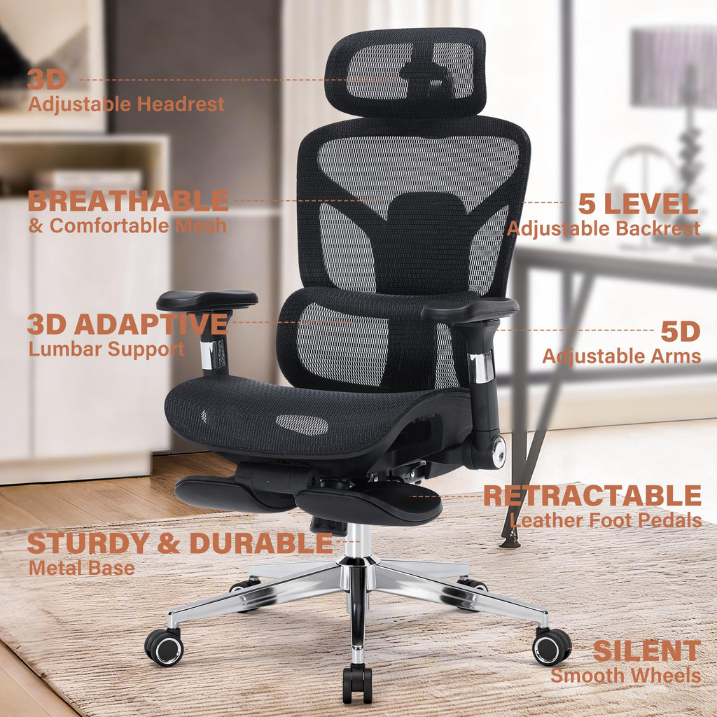 Ergonomic Mesh Office Chair | Adjustable Headrest, 5D Armrests & Footrest | High Back Computer Chair