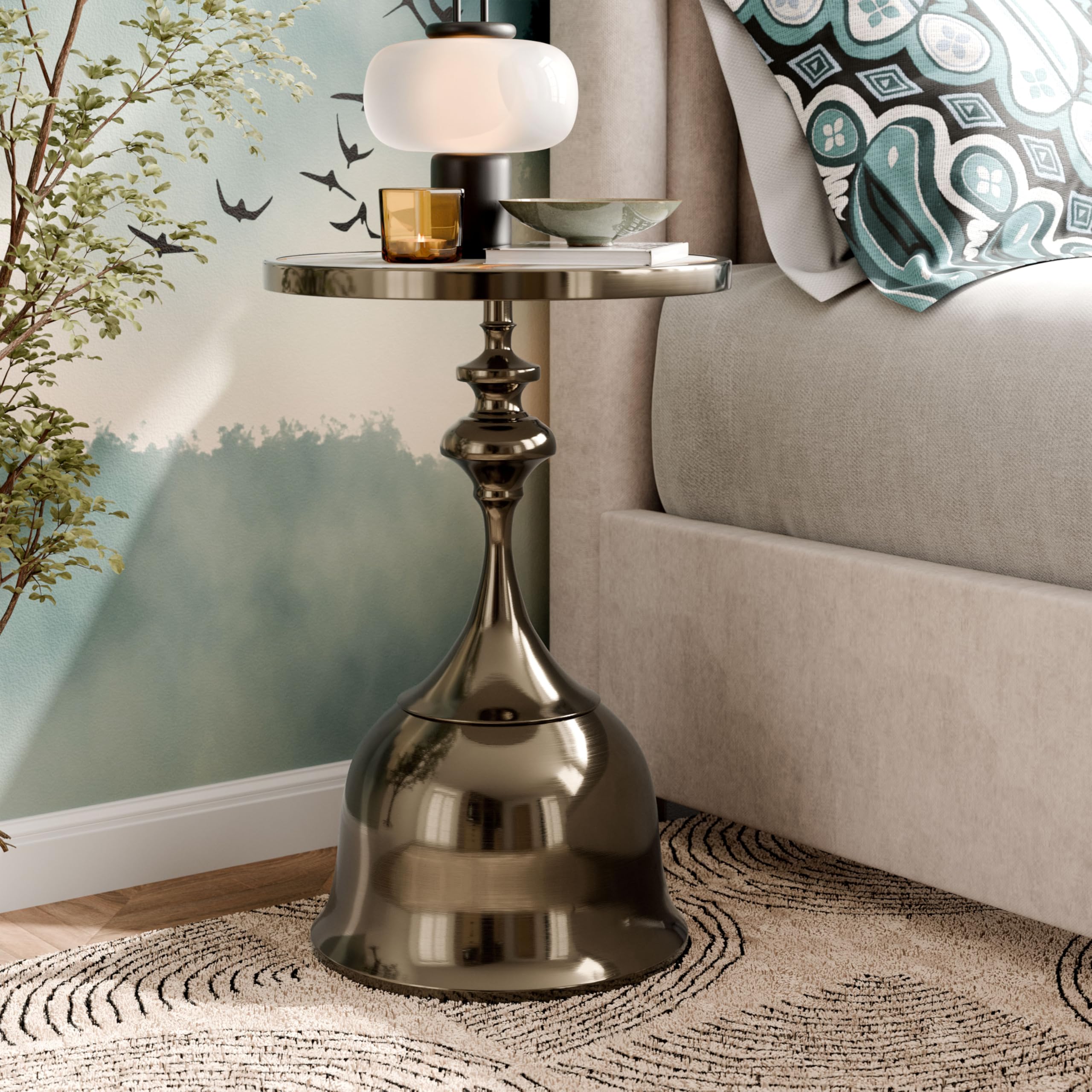 Modern 24" Tall Round End Table with Decorated Tabletop and Iron Metal Base, Accent Furniture, Elegant Pedestal Stand for Living Room, Home Office, Antique Brass