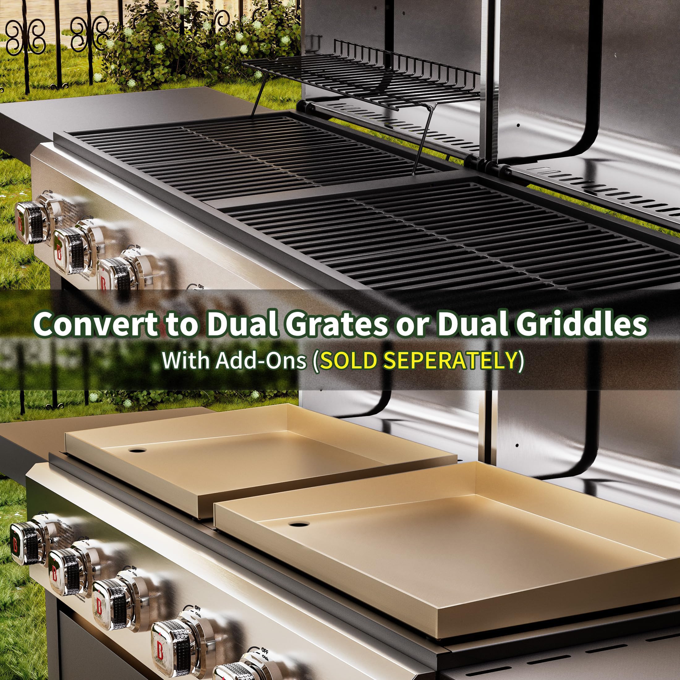 Griddle Grill Combo 6-Burner, 2 in 1 Versatile Propane Gas Grill and Griddle with Double Stainless Steel Lids, BBQ Combo for Outdoor Kitchen & Backyard Barbecue Cooking