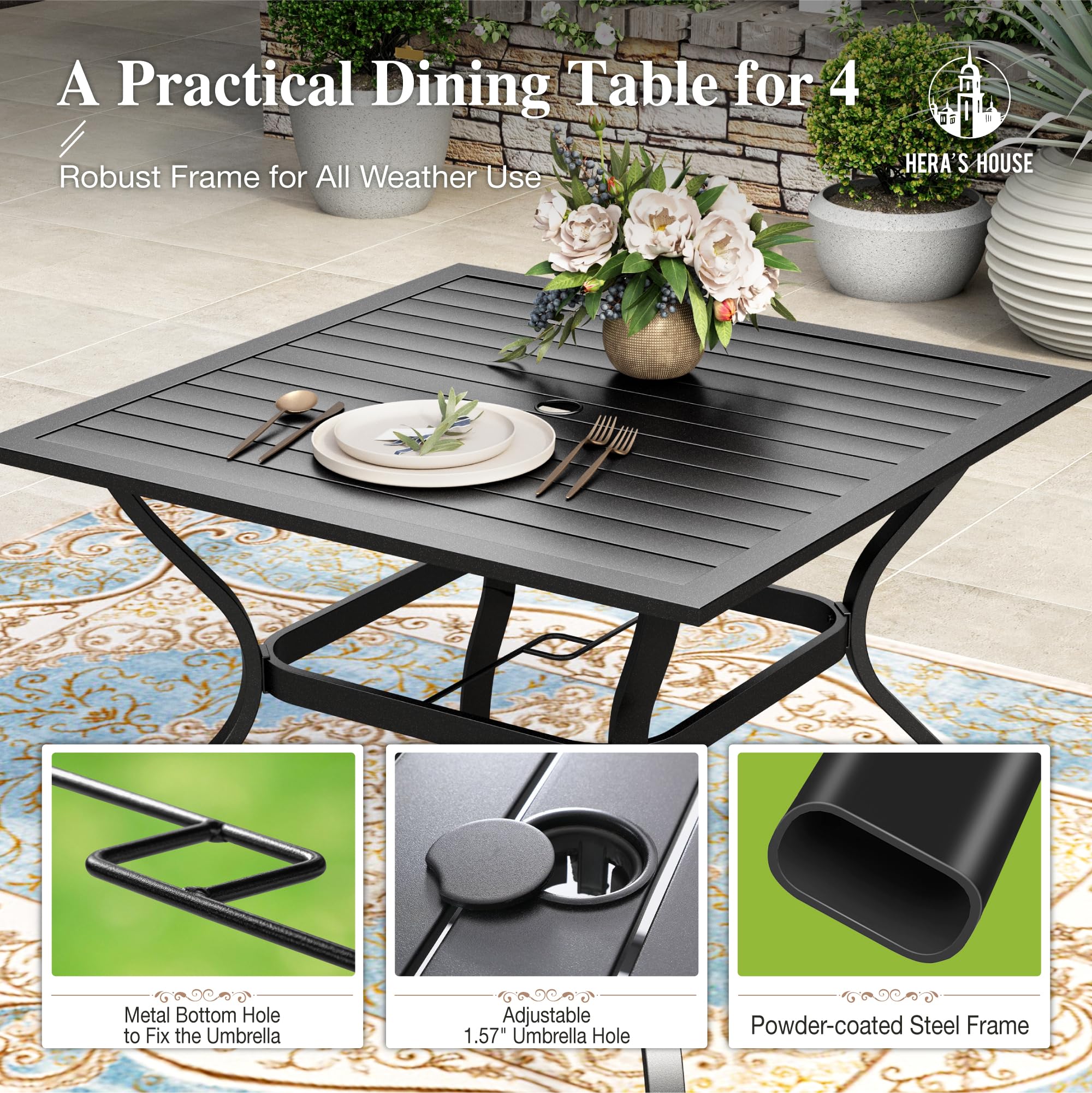 Red Patio Dining Set for 4, 5 Piece Outdoor Table and Chairs Set, 4 x Textilene Dining Chair, 37" Square Metal Dining Table, for Lawn Garden Backyard Deck