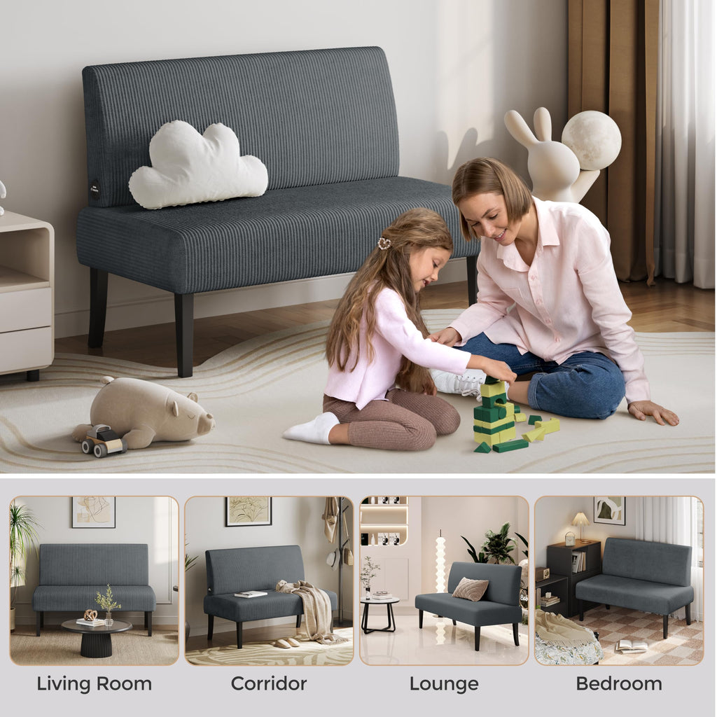 Small Comfy Sofa Mini Loveseat Couch 2-Seater Armless Sofa Chair, Corduroy Fabric & Easy Assembly, for Small Spaces Living Room,Bedroom,Dorm,Office, Dark Grey