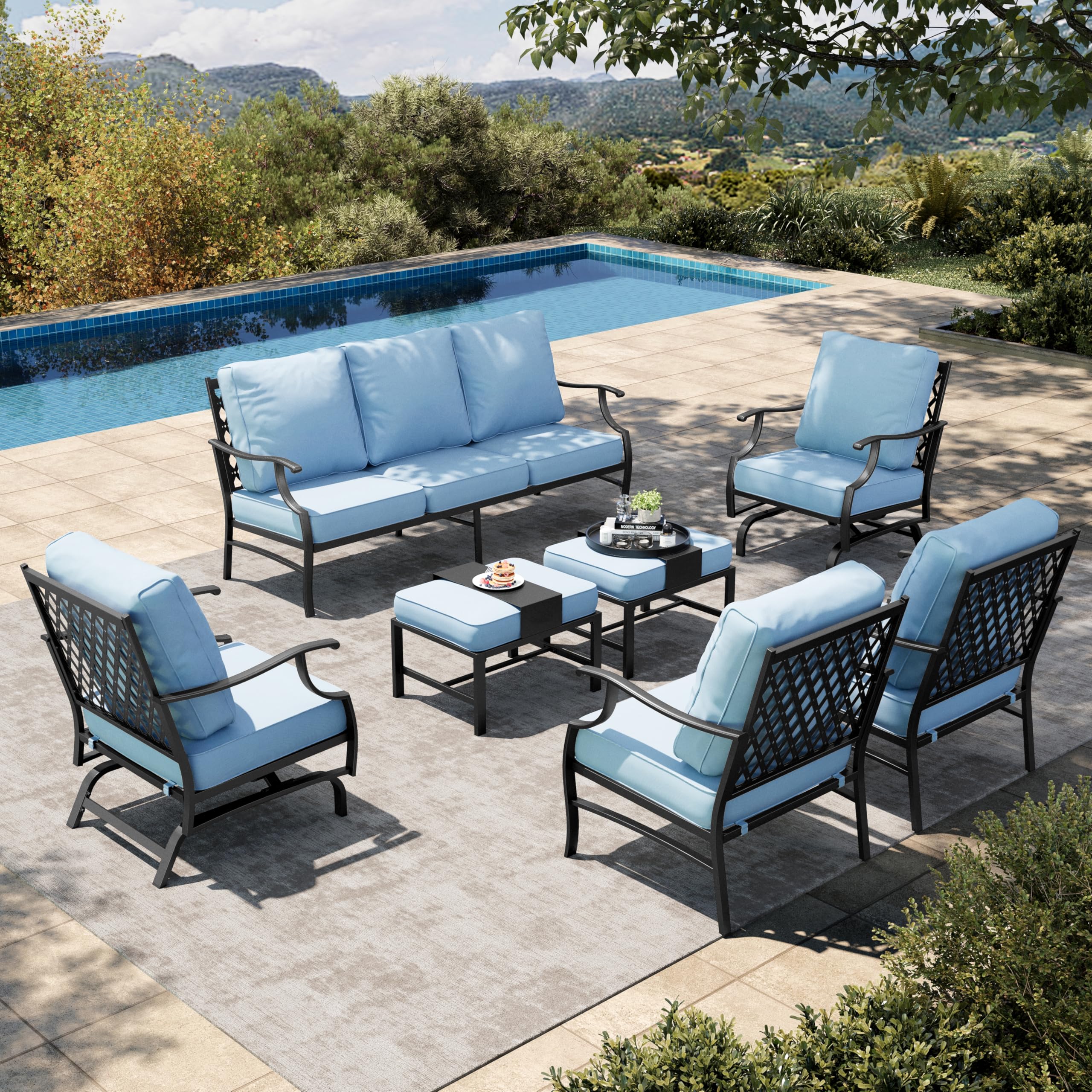 7 Piece Outdoor Furniture Set, 2 x Rocking Chair, 2 x Fixed Chair, 2 x Ottoman, 1 x 3-Seat Sofa, All Weather 9 Seats Outdoor Conversation Set for Lawn Garden Backyard, Blue