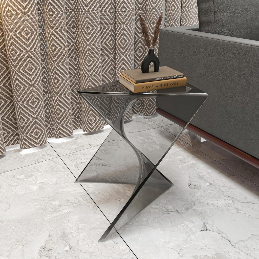 15.75" Triangular Side Table, Stackable Plastic Accent End Table for Indoor & Outdoor Use, Weather-Resistant Modern Patio & Living Room Table, Set of 2, Smoke