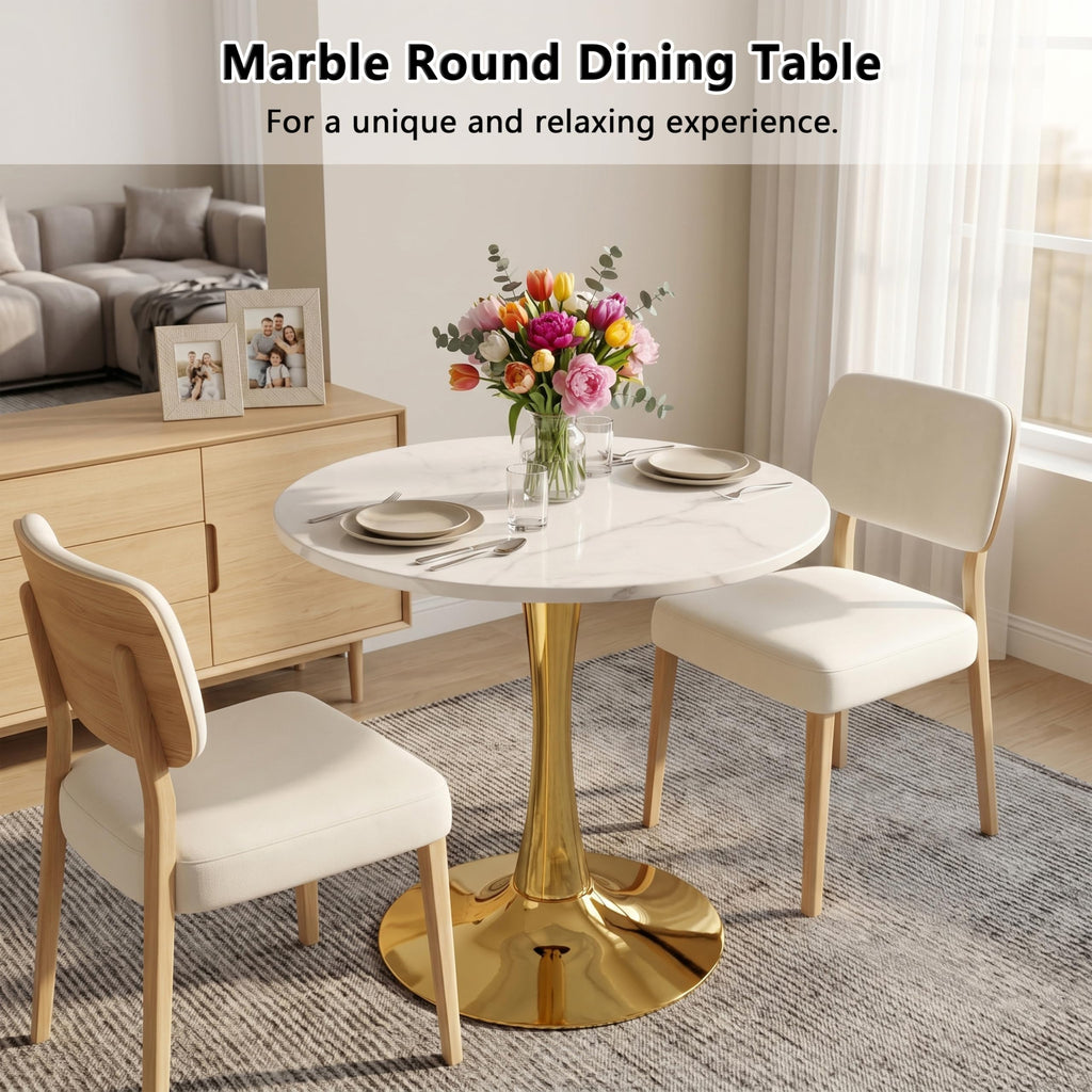 27.6" Marble Round Tulip Table, Mid-Century Modern Style Dining Table with Gold Pedestal Base for 2-4 People, Featuring A Marble Tabletop for Kitchen, Dining Room, Cafe (White)