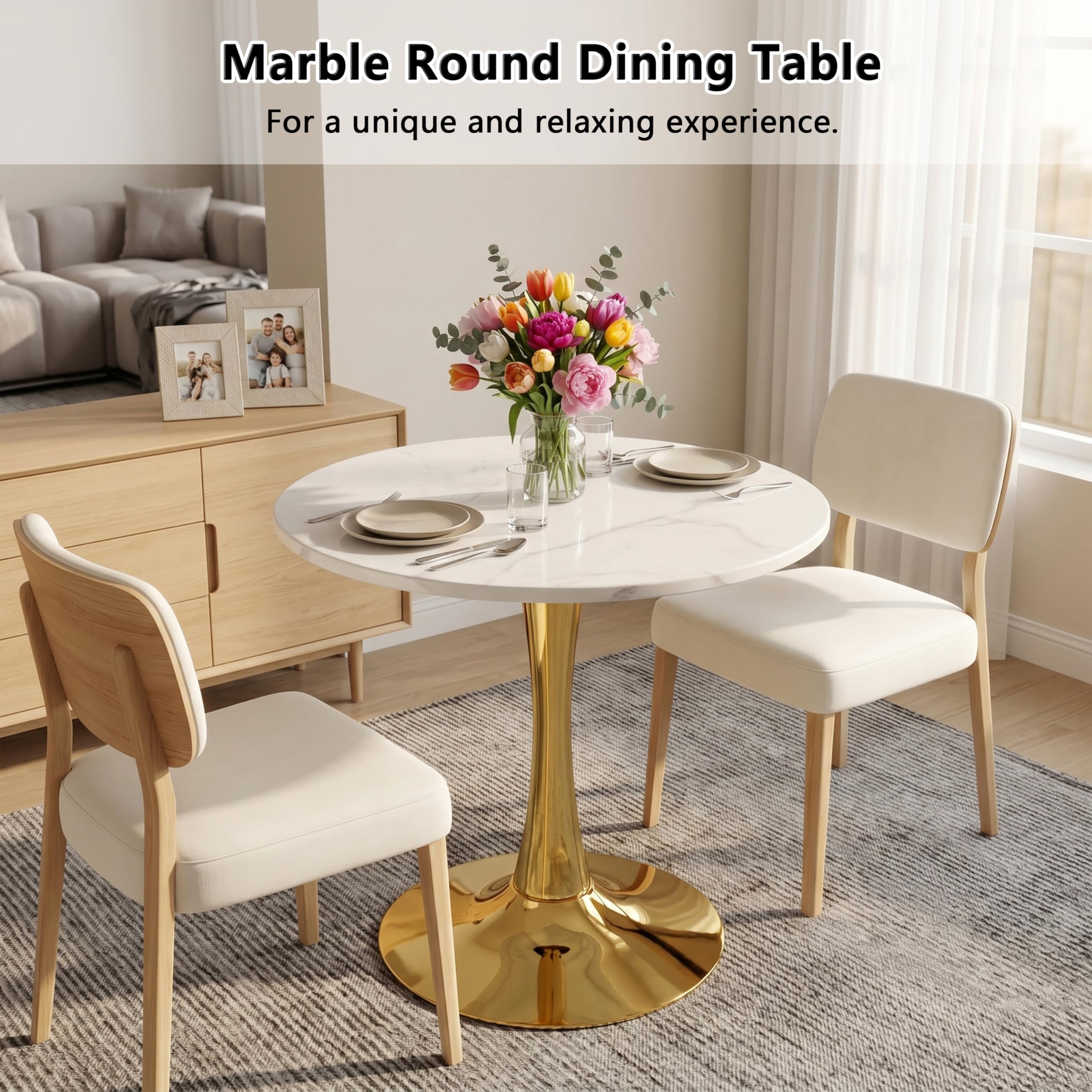 27.6" Marble Round Tulip Table, Mid-Century Modern Style Dining Table with Gold Pedestal Base for 2-4 People, Featuring A Marble Tabletop for Kitchen, Dining Room, Cafe (White)