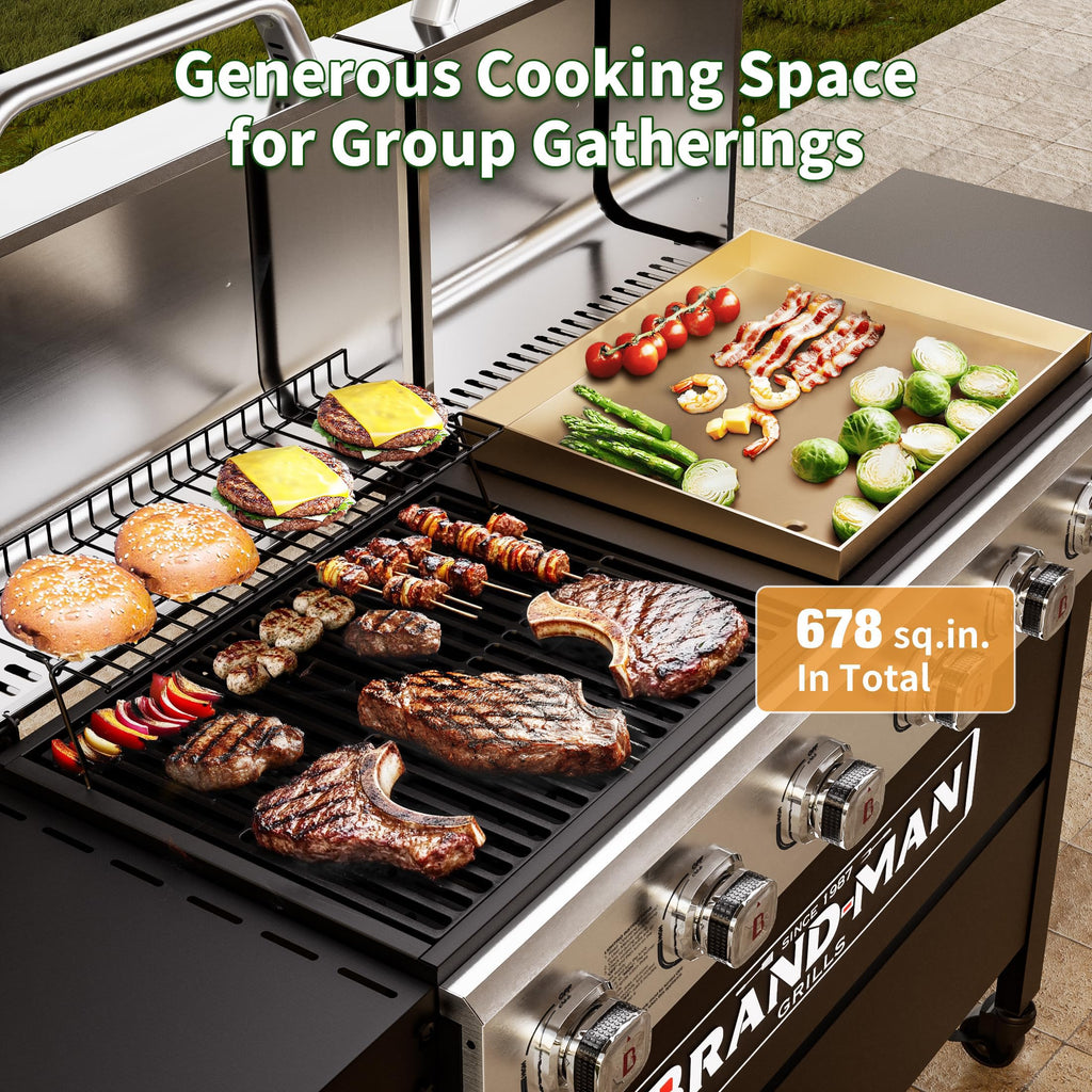 Griddle Grill Combo 6-Burner, 2 in 1 Versatile Propane Gas Grill and Griddle with Double Stainless Steel Lids, BBQ Combo for Outdoor Kitchen & Backyard Barbecue Cooking