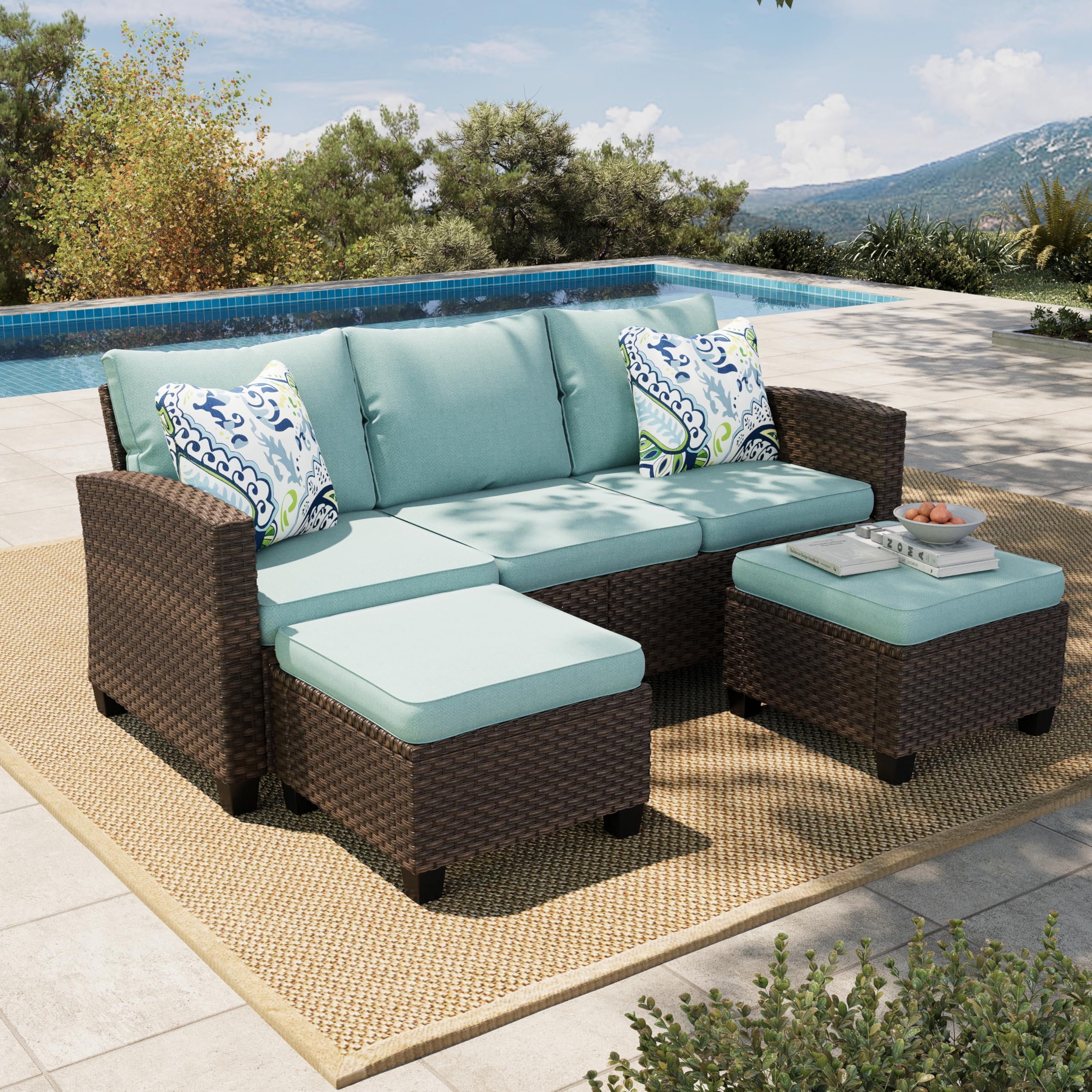 Small Patio Furniture Set, 3 Pieces Wicker Outdoor Sectional Set, L-Shaped Patio Couch Set, Modular Rattan Conversation Set with Lounge Sofa and Ottomans for Deck Lawn Garden, Blue