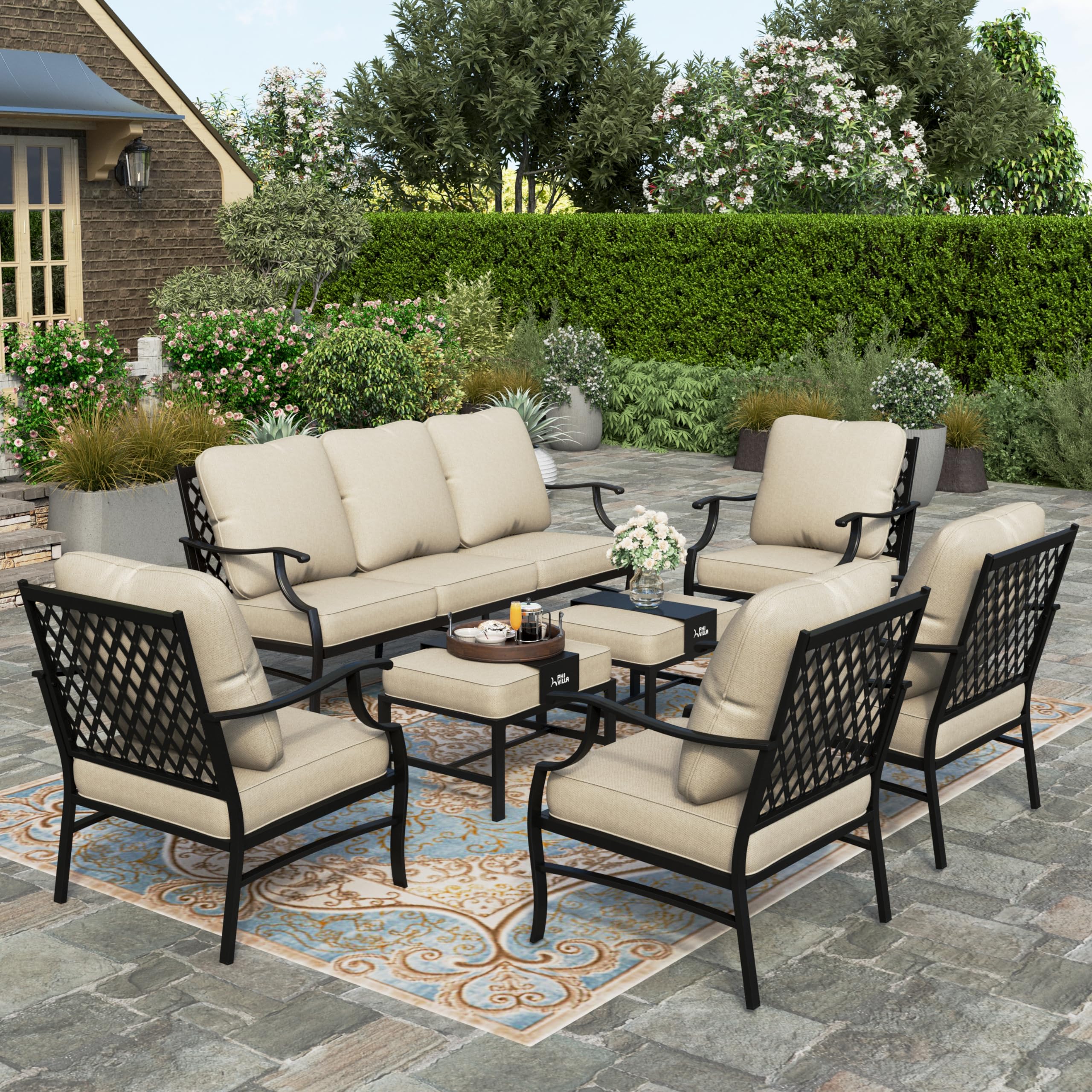 7 Piece Patio Furniture Set, 4 x Fixed Metal Cushioned Chair, 2 x Cushioned Ottoman, 1 x 3-Seat Sofa, Outdoor Conversation Set for Lawn Garden Backyard Poolside