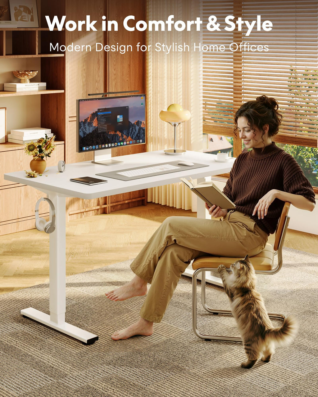 EN1 One-Piece Standing Desk, Electric Adjustable with 4 Memory Presets, 176 LBS Capacity, Stable & Quiet, Seamless Desktop for Home Office & Dual Monitors, 40"x24" White(White Frame)