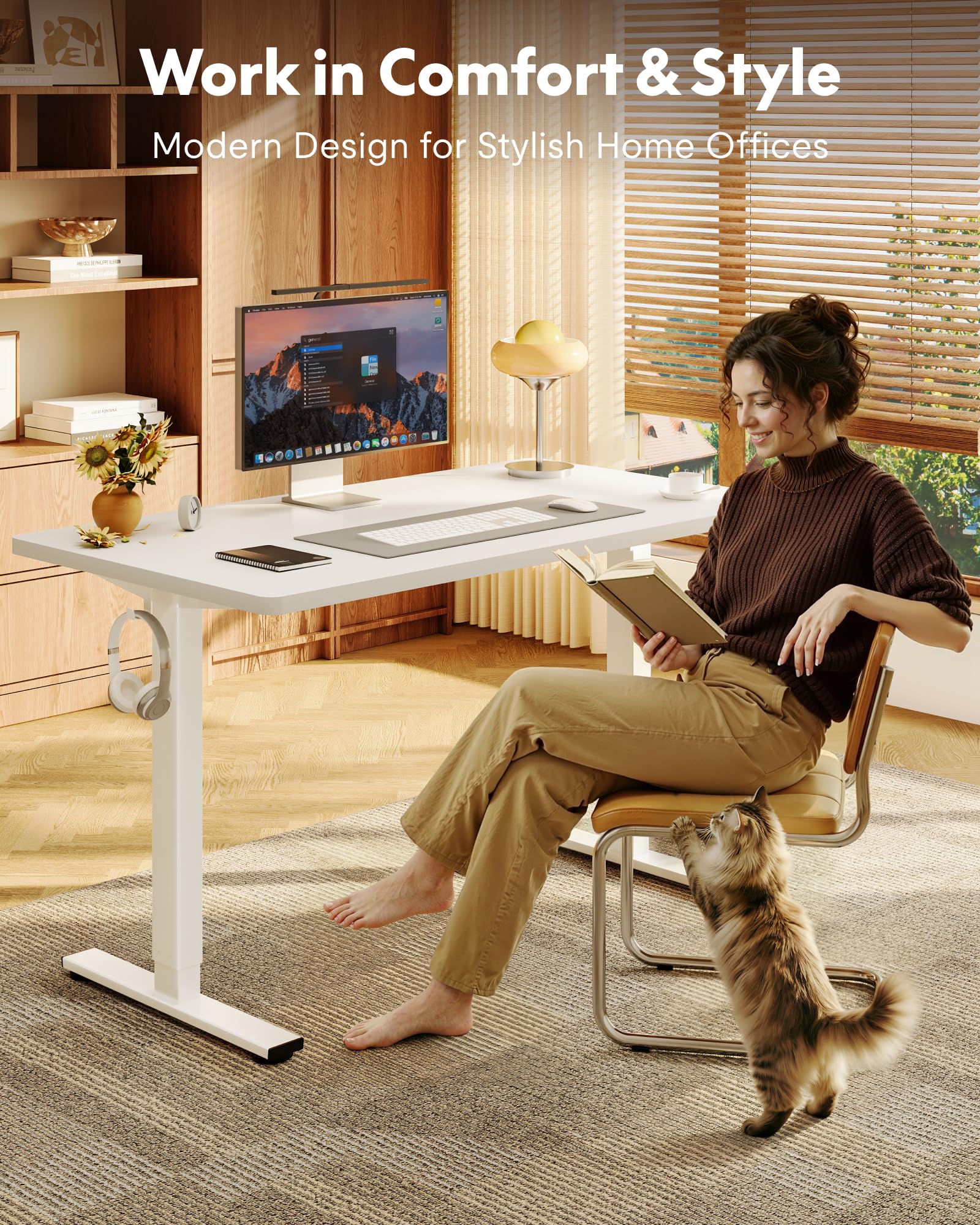EN1 One-Piece Standing Desk, Electric Adjustable with 4 Memory Presets, 176 LBS Capacity, Stable & Quiet, Seamless Desktop for Home Office & Dual Monitors, 40"x24" White(White Frame)