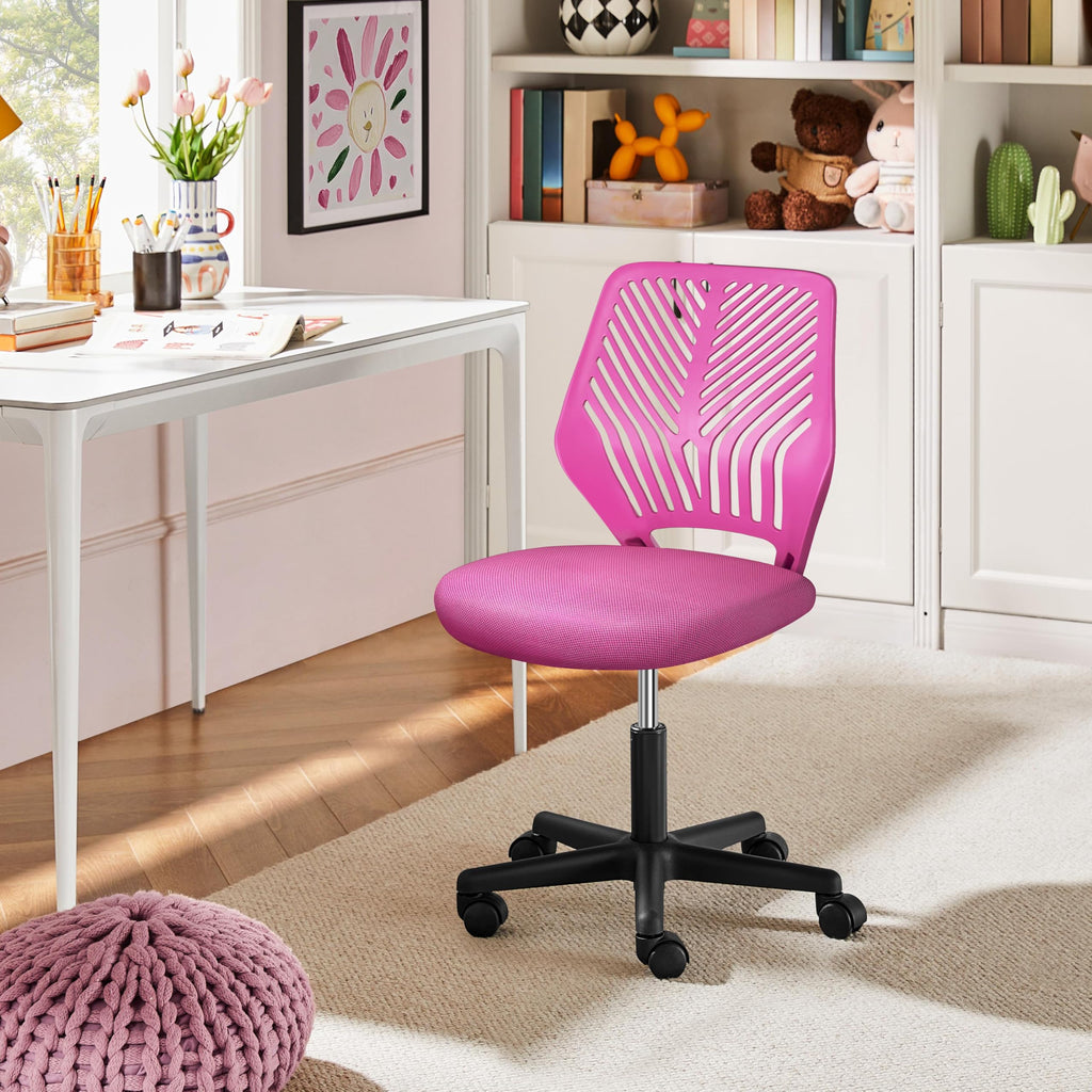 Students Cute Desk Chair Low-Back Armless Study Chair w/Lumbar Support Adjustable Swivel Chair in Home Bedroom School, Rose Red