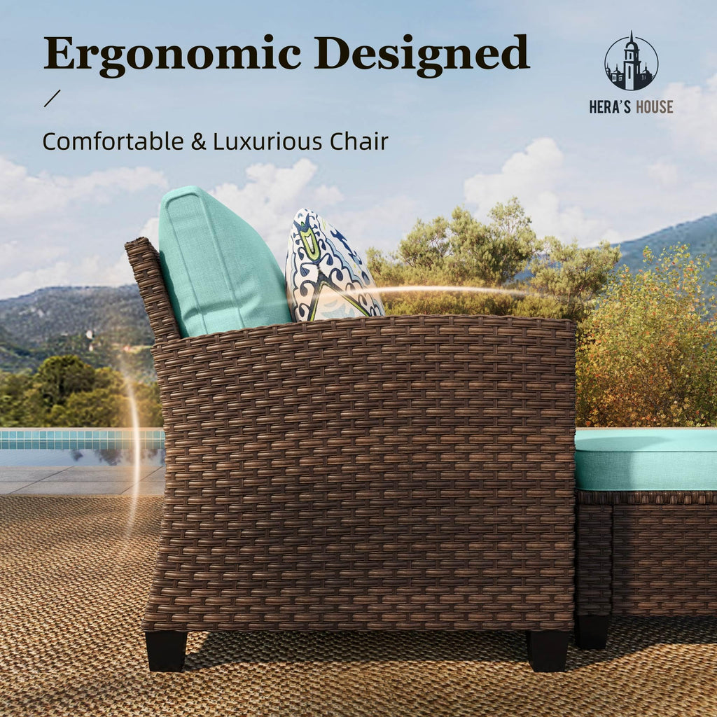 Small Patio Furniture Set, 3 Pieces Wicker Outdoor Sectional Set, L-Shaped Patio Couch Set, Modular Rattan Conversation Set with Lounge Sofa and Ottomans for Deck Lawn Garden, Blue