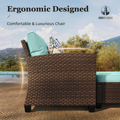 Small Patio Furniture Set, 3 Pieces Wicker Outdoor Sectional Set, L-Shaped Patio Couch Set, Modular Rattan Conversation Set with Lounge Sofa and Ottomans for Deck Lawn Garden, Blue
