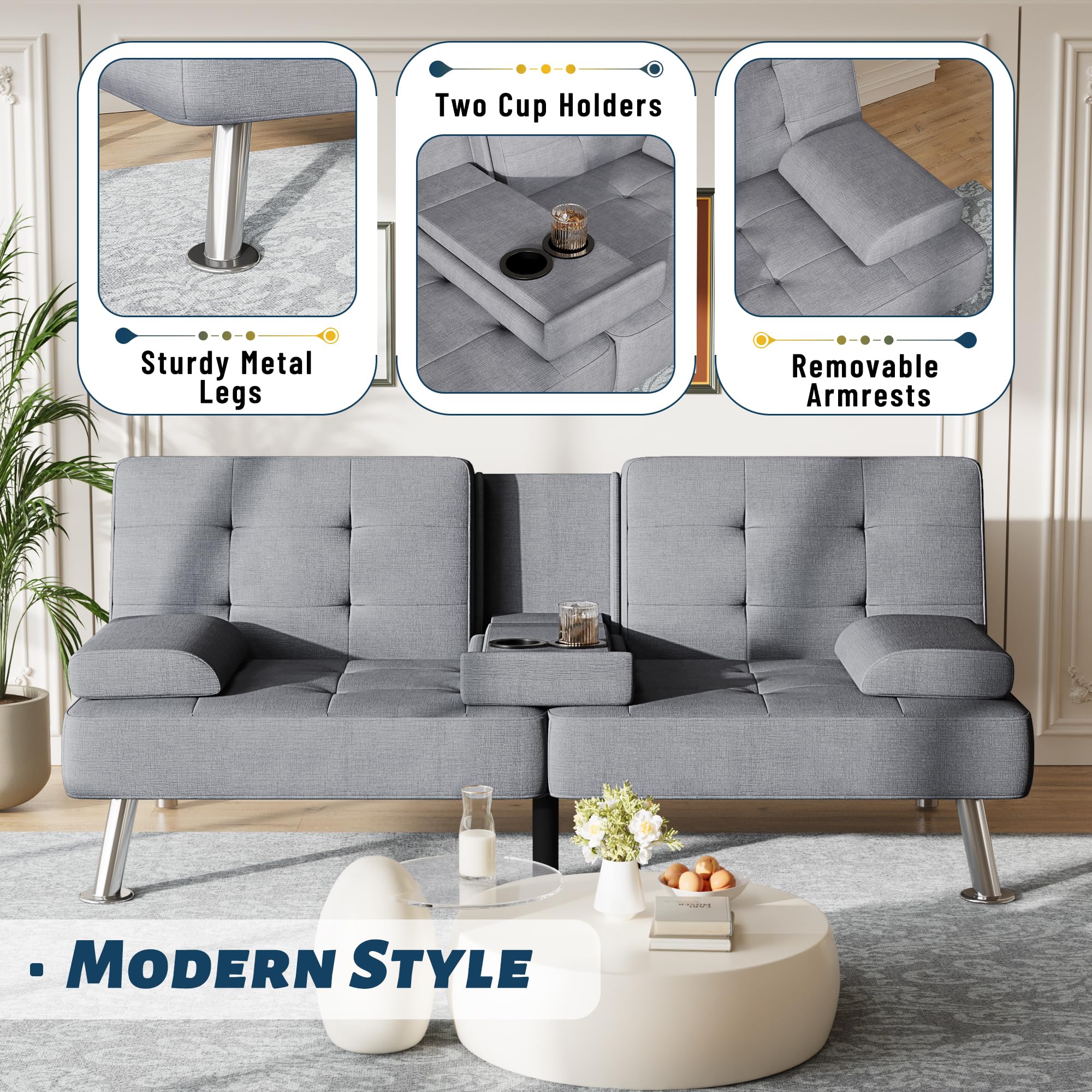 Sofa Bed Adjustable Futon Couch Sleeper Sofa Bed for Living Room, Business Office, Recliner Sofas with Cup Holders (Fabric, Light Gray)