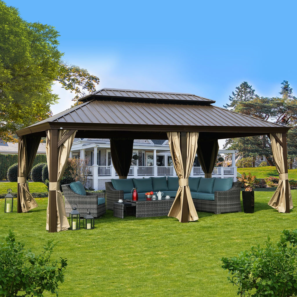 12' x 20' Hardtop Gazebo, Aluminum Frame with Galvanized Steel Double Roof, Outdoor Permanent Pavilion with Curtains and Netting for Patio, Backyard, Deck, Lawn (Brown)