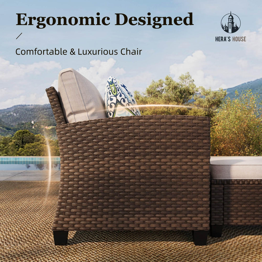 Swivel Glider Patio Furniture Set with Fire Pit, Outdoor Wicker Conversation Sets, 8 Pieces Deep Seat Rattan Sofa Sets with Cushions for Deck Backyard Lawn, Beige/Brown