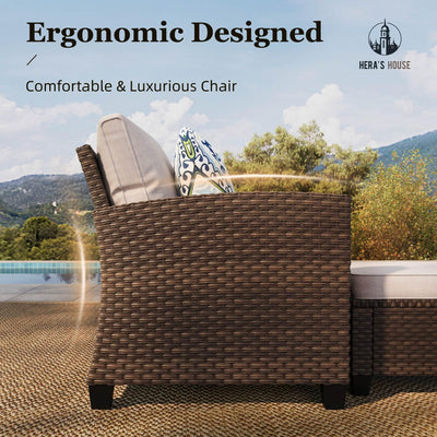 Swivel Glider Patio Furniture Set with Fire Pit, Outdoor Wicker Conversation Sets, 8 Pieces Deep Seat Rattan Sofa Sets with Cushions for Deck Backyard Lawn, Beige/Brown