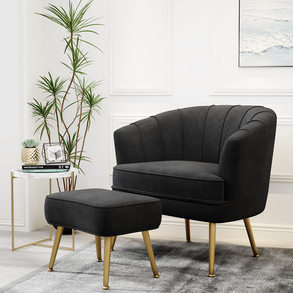 Velvet Accent Chair with Ottoman, Upholstered Modern Single Sofa Side Chair,Comfy Barrel Club Living Room Armchair with Golden Metal Legs for Bedroom Living Reading Room Office, Black