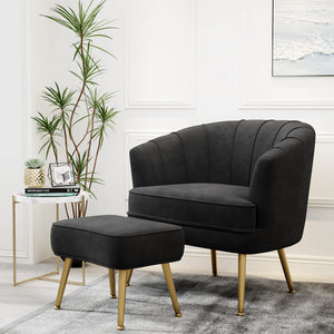 Velvet Accent Chair with Ottoman, Upholstered Modern Single Sofa Side Chair,Comfy Barrel Club Living Room Armchair with Golden Metal Legs for Bedroom Living Reading Room Office, Black
