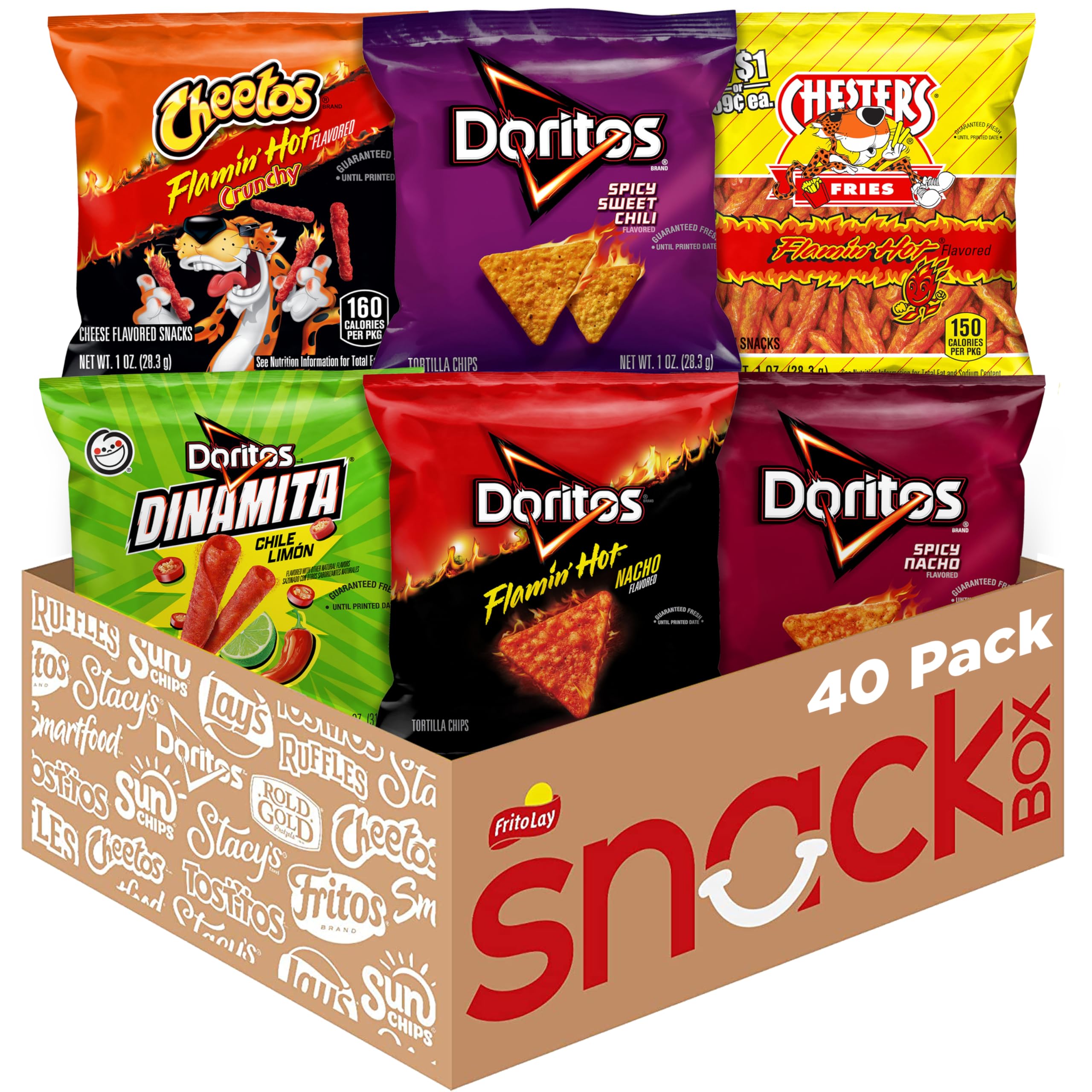 Frito-Lay Fiery Mix Variety Pack, Hot & Spicy Snacks Single Serve Bags, 2.56 Pounds, (Pack of 40), Flamin' Hot Cheetos, Doritos, Chester's Hot Fries
