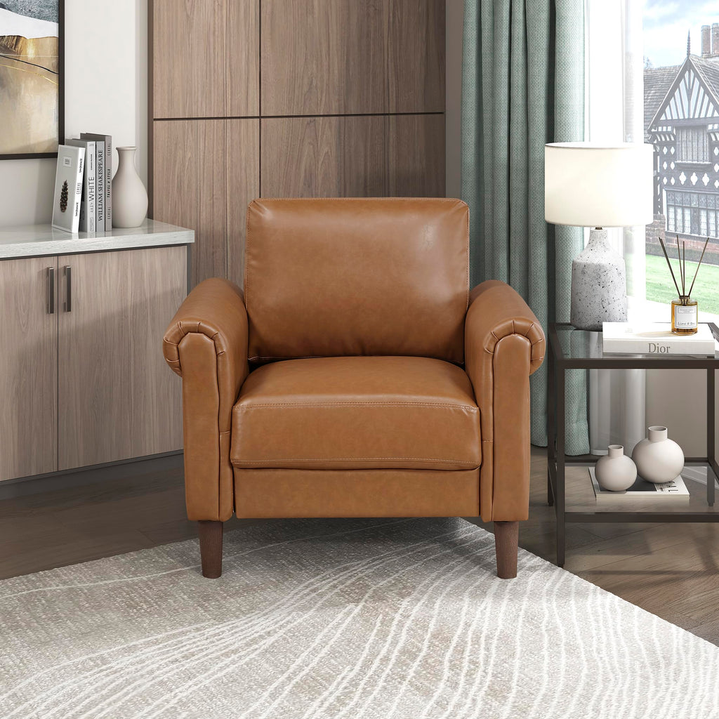 35" W Living Room Accent Chair, Faux Leather Upholstered Armchair with Rolled Armrest for Bedroom/Office/Waiting Room, Single Sofa Chair, Brown