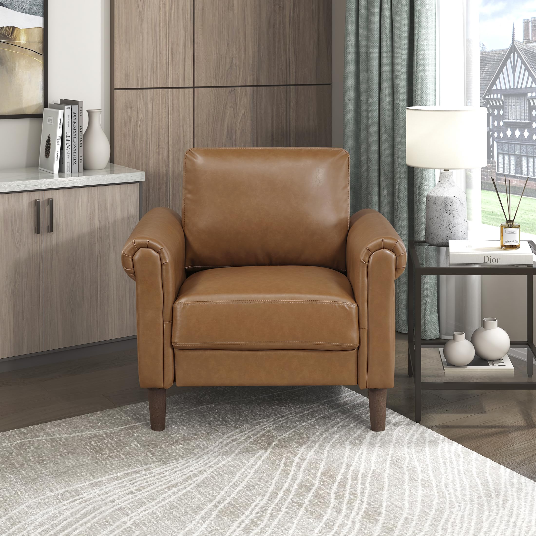 35" W Living Room Accent Chair, Faux Leather Upholstered Armchair with Rolled Armrest for Bedroom/Office/Waiting Room, Single Sofa Chair, Brown