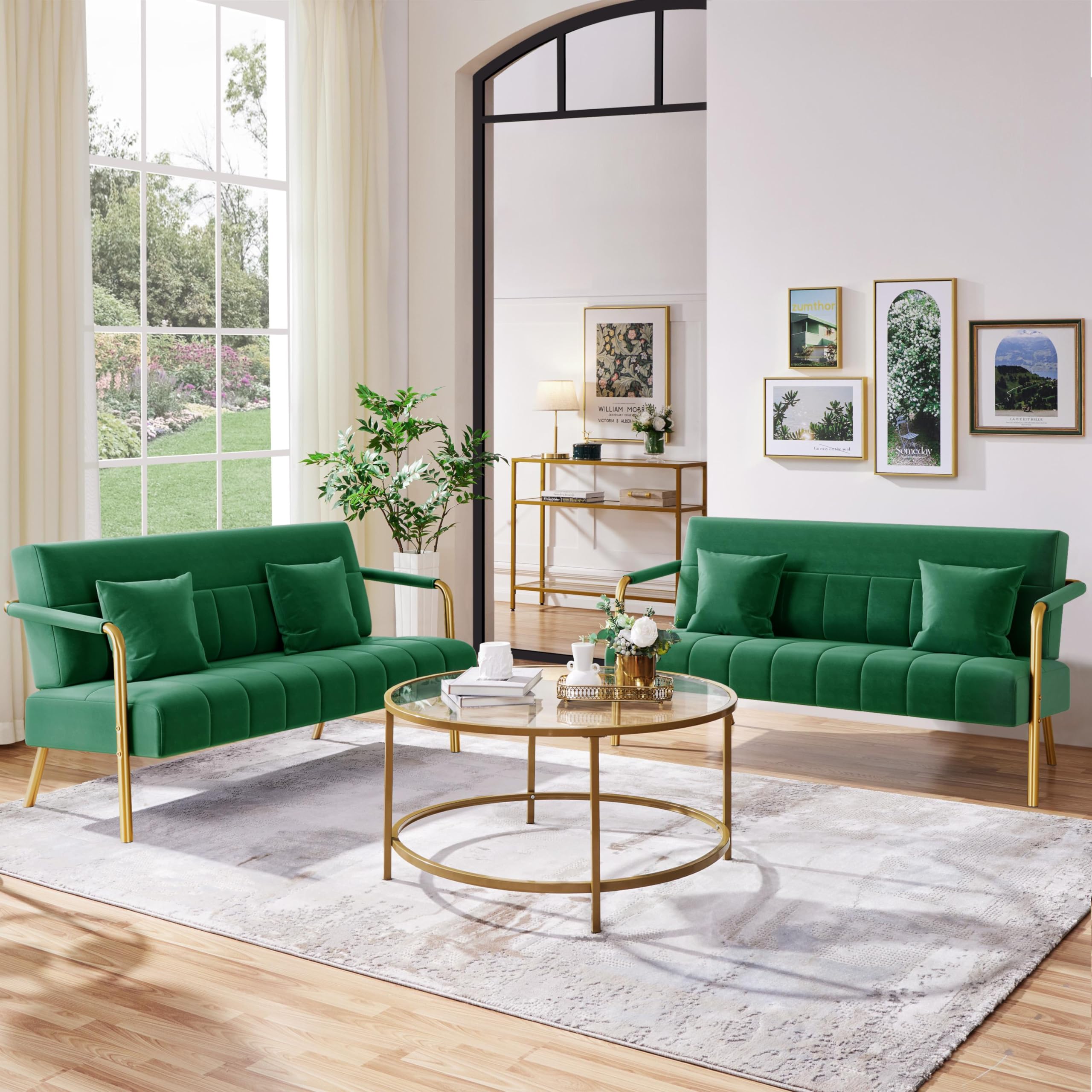 56.5" W Modern Sofa Small Sofa Luxurious Velvet Fabric Couch with Gold-Tone Metal Arms and Legs for Living Room, Home Office, Studio Green