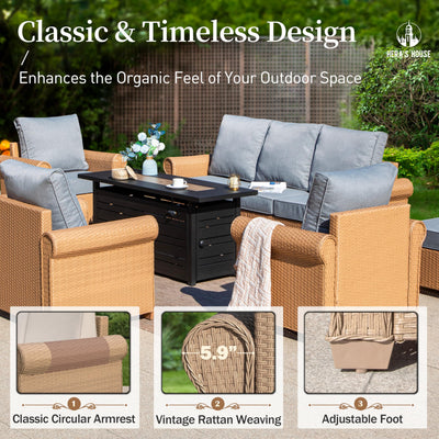 4 Pieces Patio Furniture Set, All Weather 5 Seats Outdoor Wicker Sofa with 44