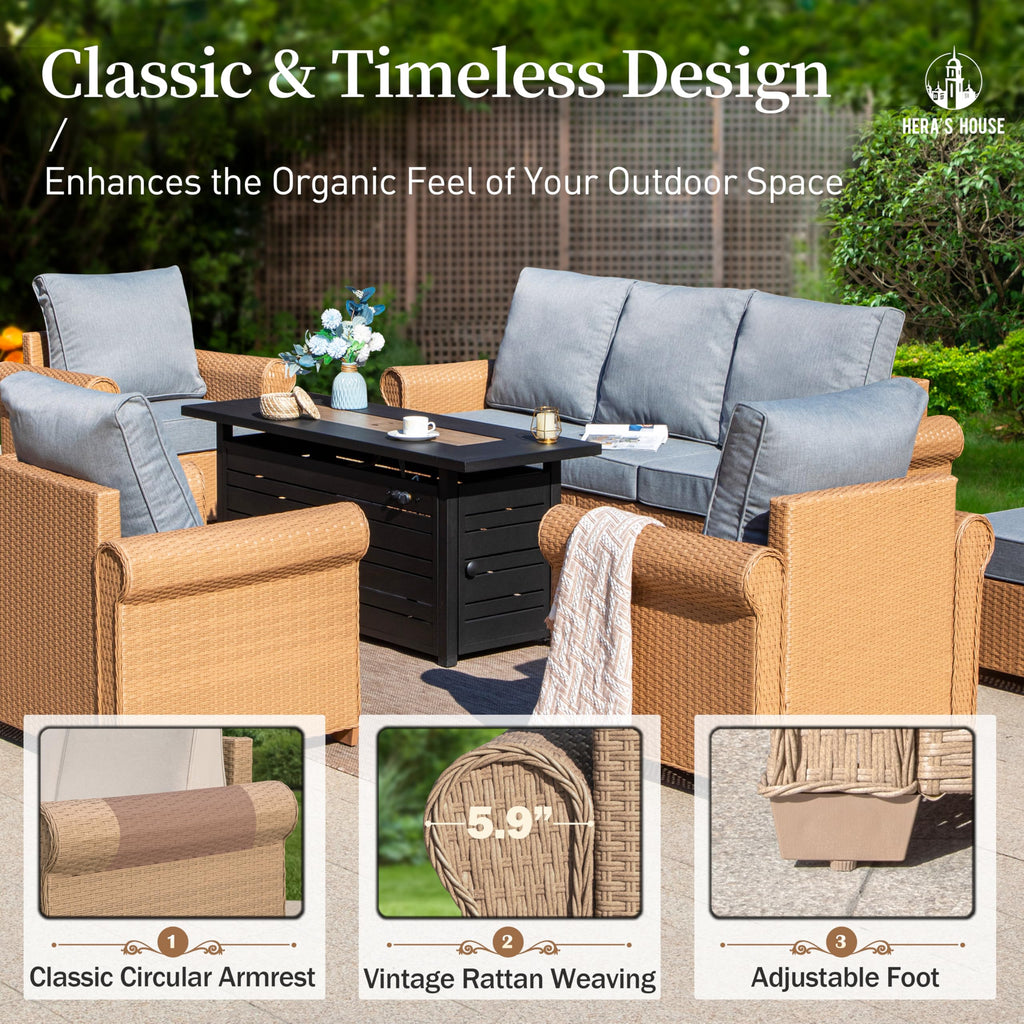6-Piece Patio Furniture Set, All Weather 7 Seats Outdoor Wicker Sofa with Ottomans, Rattan Patio Conversation Set with 5.5" Thick Cushions and 44" Coffee Table, Grey
