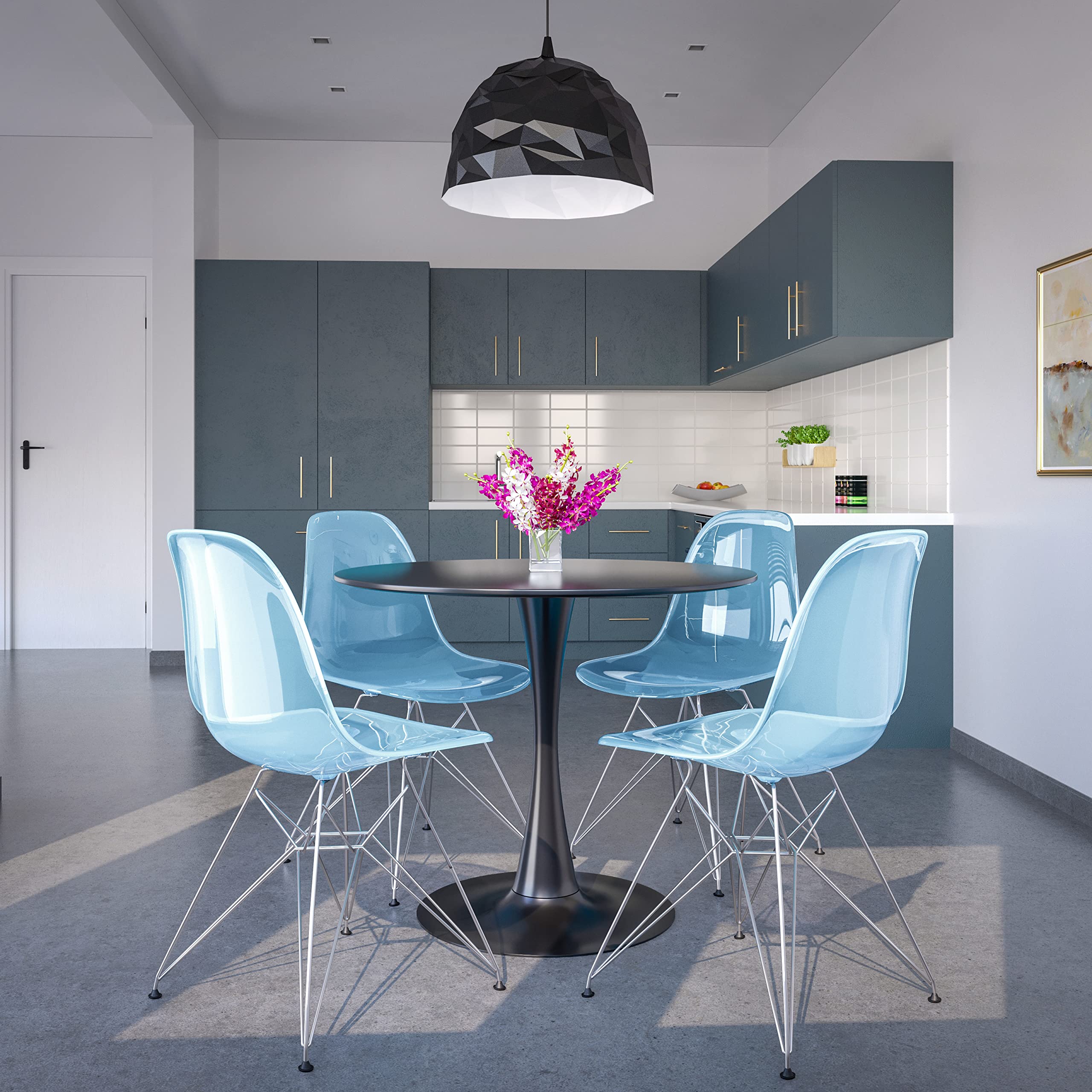 Dining Chairs with Chrome Eiffel Base – Set of 2, Curved Back Ergonomic Accent Side Chairs for Modern and Mid-Century Kitchens and Cafes