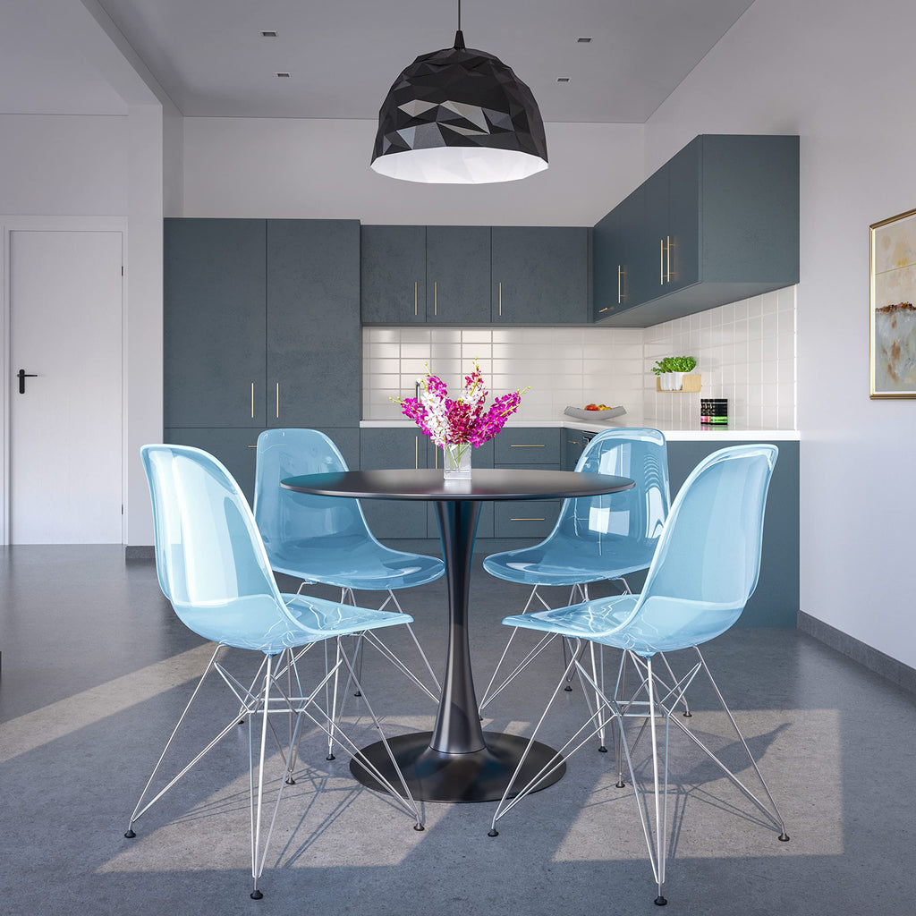 Mid Century Acrylic Dining Chair - Ergonomic & Lightweight Accent Side Chair with Curved Back & Chrome Eiffel Base for Home, Kitchen & Café, Transparent Blue