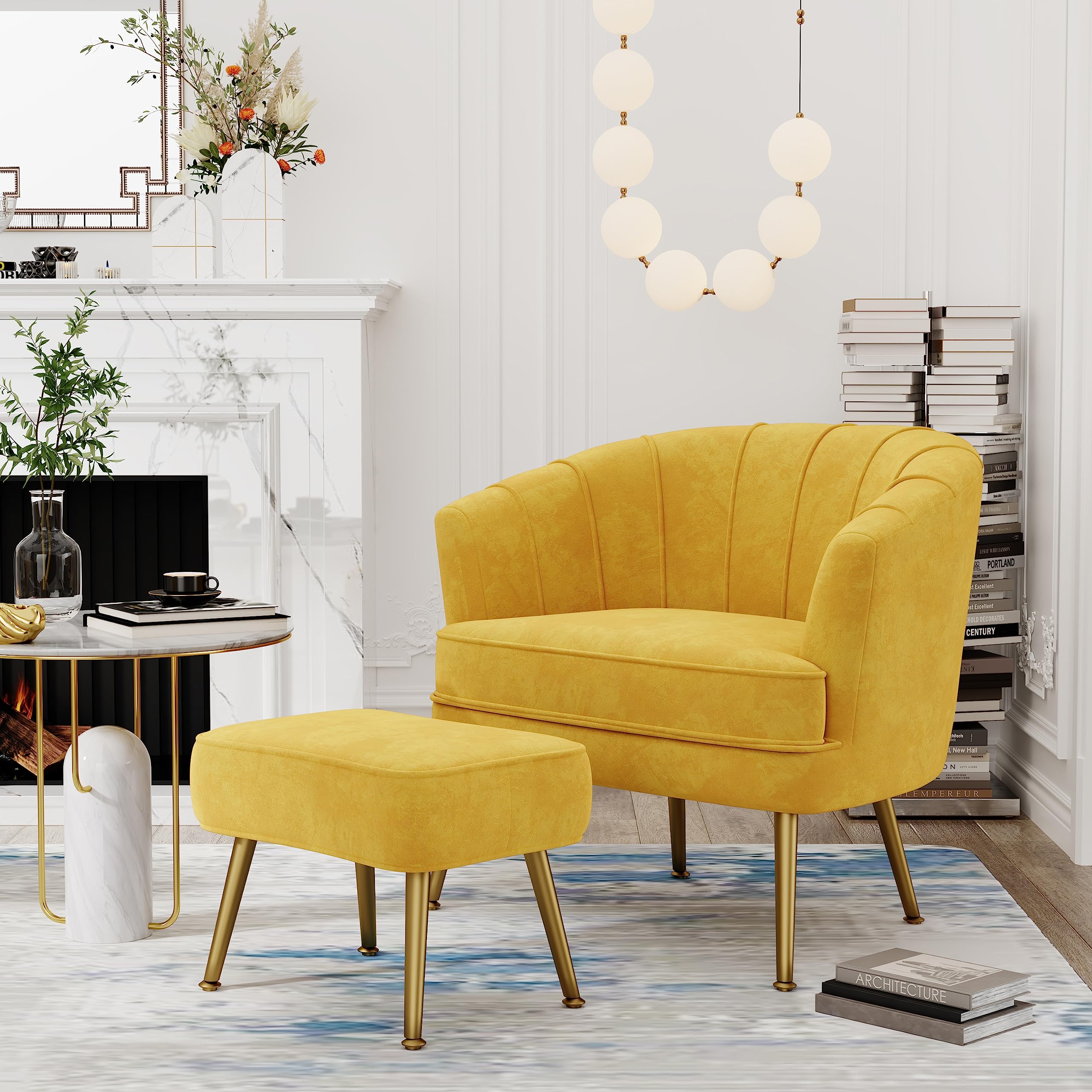 Velvet Accent Chair with Ottoman, Upholstered Modern Single Sofa Side Chair,Comfy Barrel Club Living Room Armchair with Golden Metal Legs for Bedroom Living Reading Room Office, Yellow