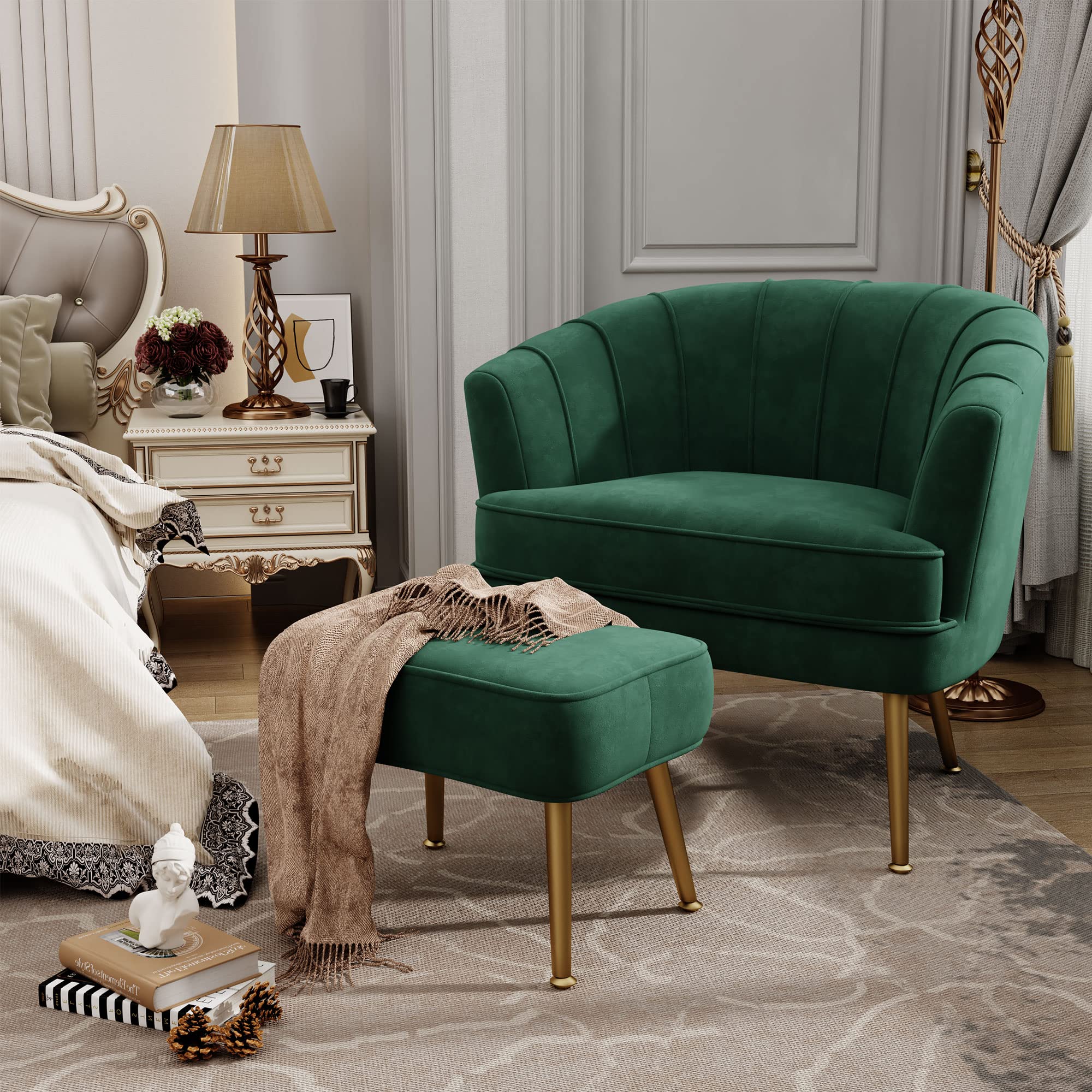 Velvet Accent Chair with Ottoman, Upholstered Modern Single Sofa Side Chair,Comfy Barrel Club Living Room Armchair with Golden Metal Legs for Bedroom Living Reading Room Office, Green