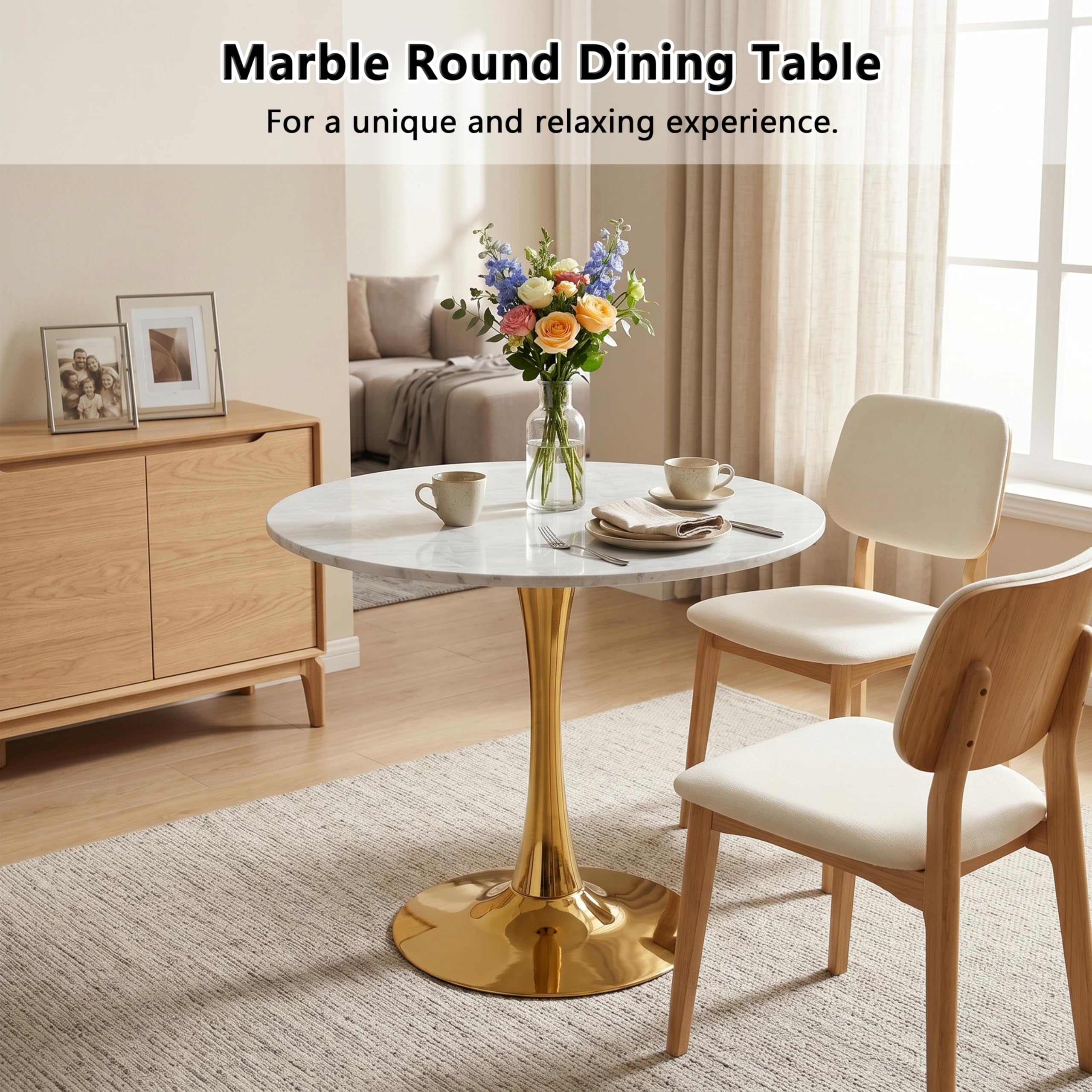 27.6" Marble Round Tulip Table, Mid-Century Modern Style Dining Table with Gold Pedestal Base for 2-4 People, Featuring A Marble Tabletop for Kitchen, Dining Room, Cafe (Light Grey)