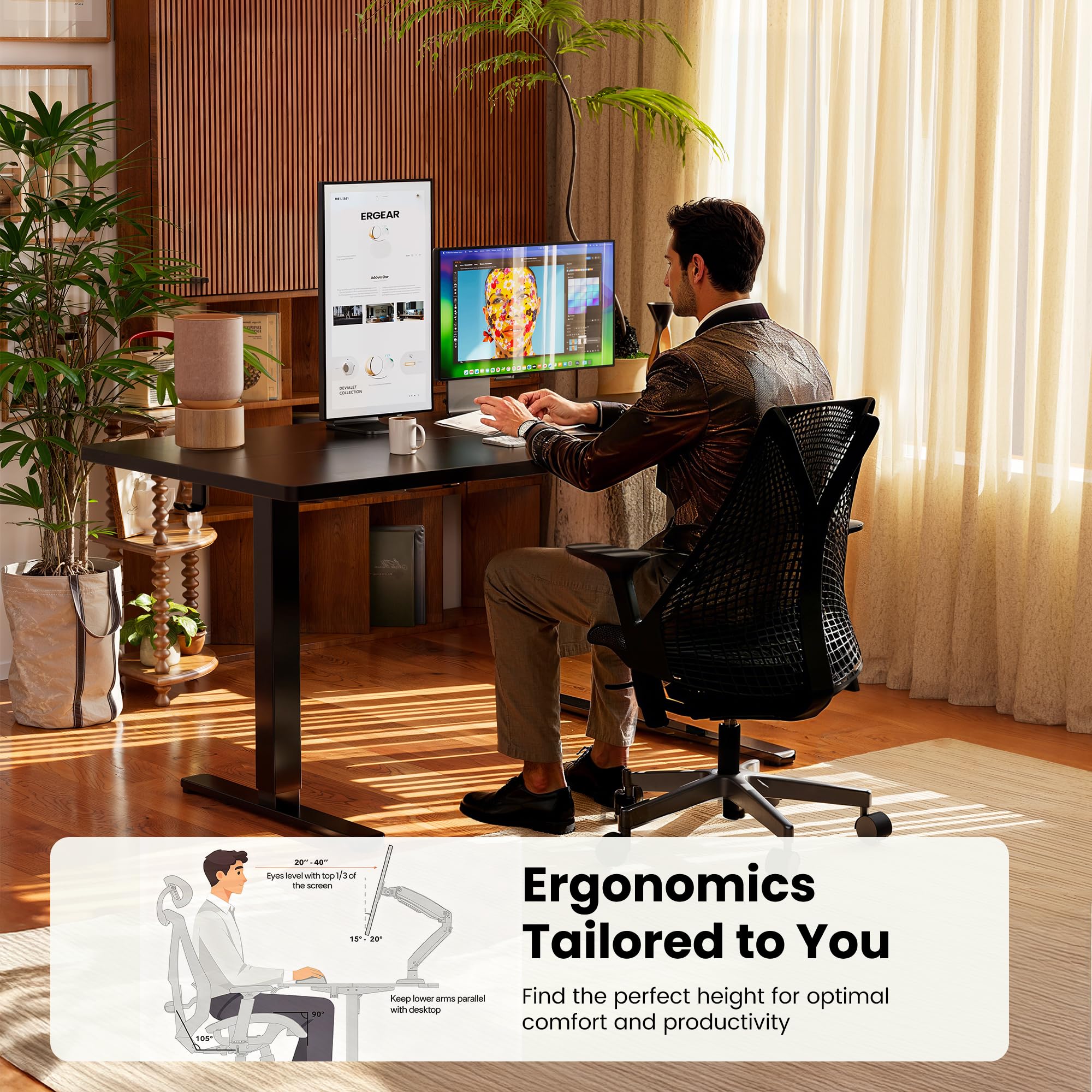 Height Adjustable Electric Standing Desk, 55 x 28 Inches Sit Stand up Desk, Memory Computer Home Office Desk, Dark Walnut