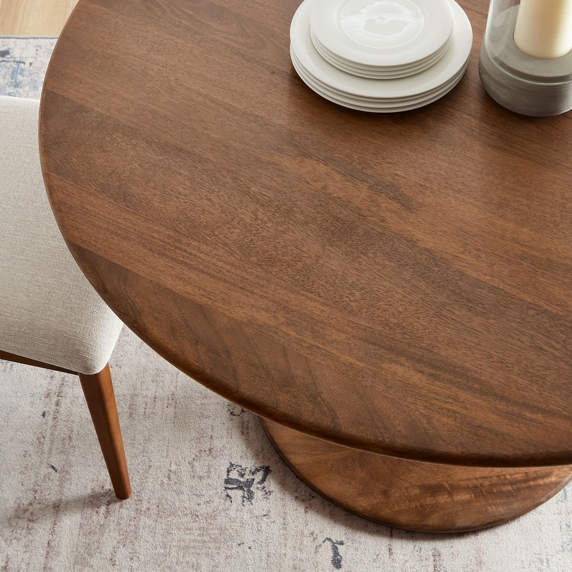 48 Inch Round Wood Dining Table in Walnut – Solid Mango Wood Tabletop with Pedestal Base - Mid Century Modern Dining Room Furniture - Kitchen Table for 4-6 Person