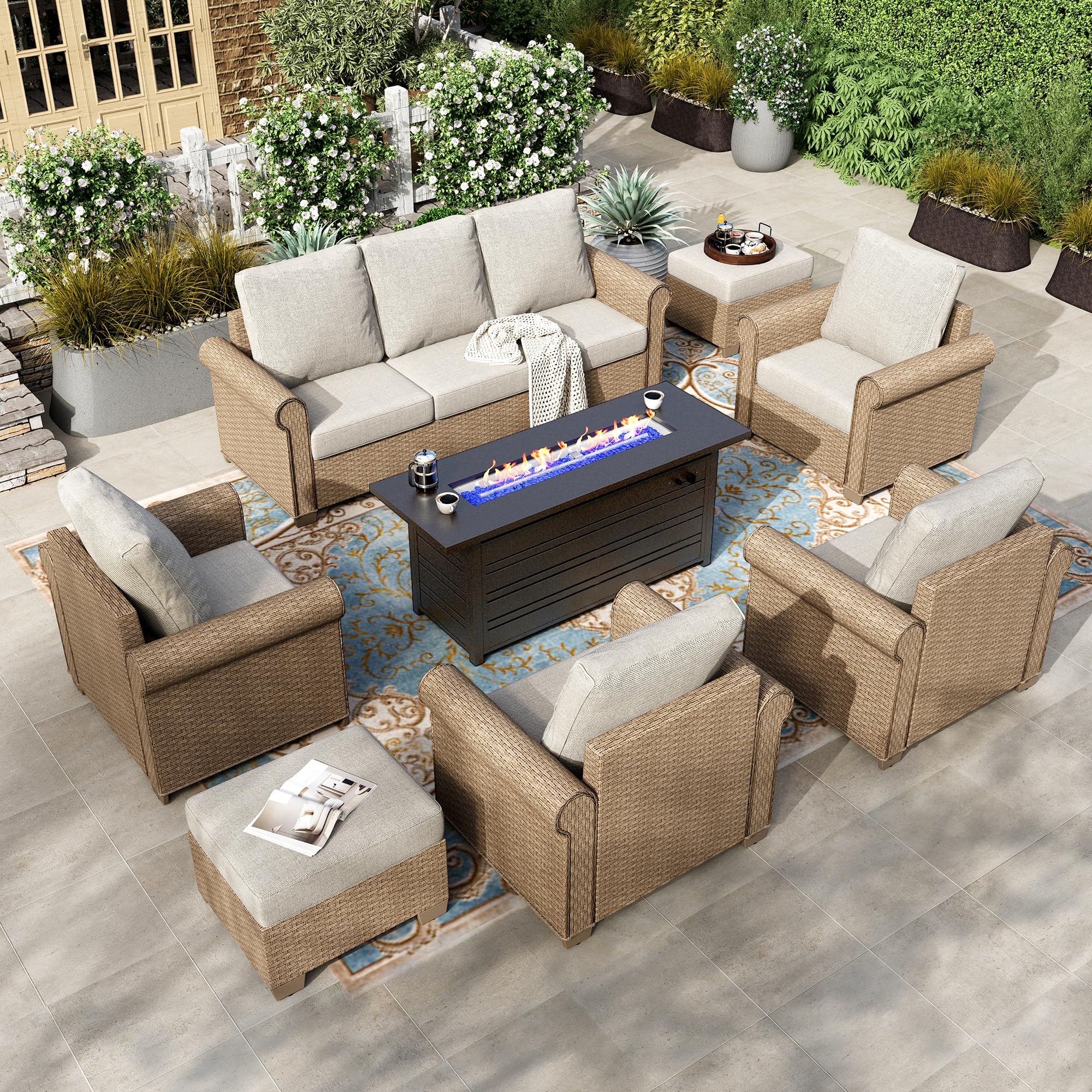 8 Pieces Patio Furniture Set, All Weather 9 Seats Outdoor Wicker Sofa with Ottomans, Rattan Patio Conversation Set with 5.5
