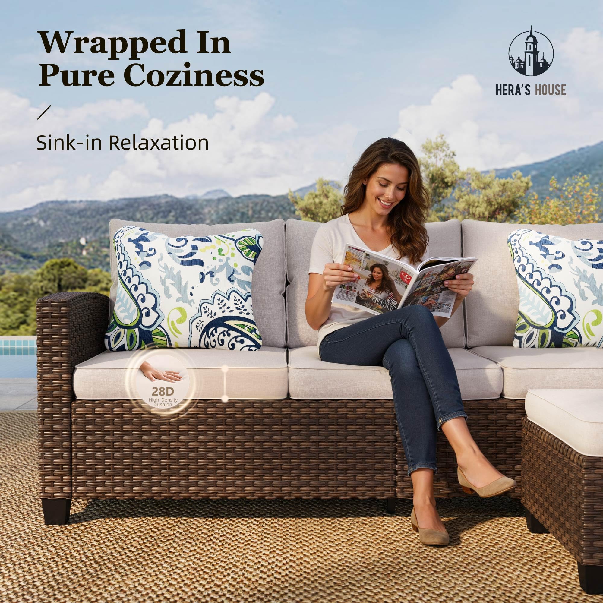 Wicker Patio Furniture Set, 7 Pieces Outdoor Seating Furniture, Patio Conversation Sofa Sets with Ottomans for Backyard Lawn Deck, Beige