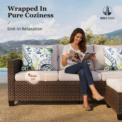 Patio Furniture Set, 5 Pieces Outdoor Wicker Furniture, All Weather Rattan Patio Conversation Set, Deep Seating Outdoor Sofa Sets for Lawn Deck Backyard, Brown/Beige